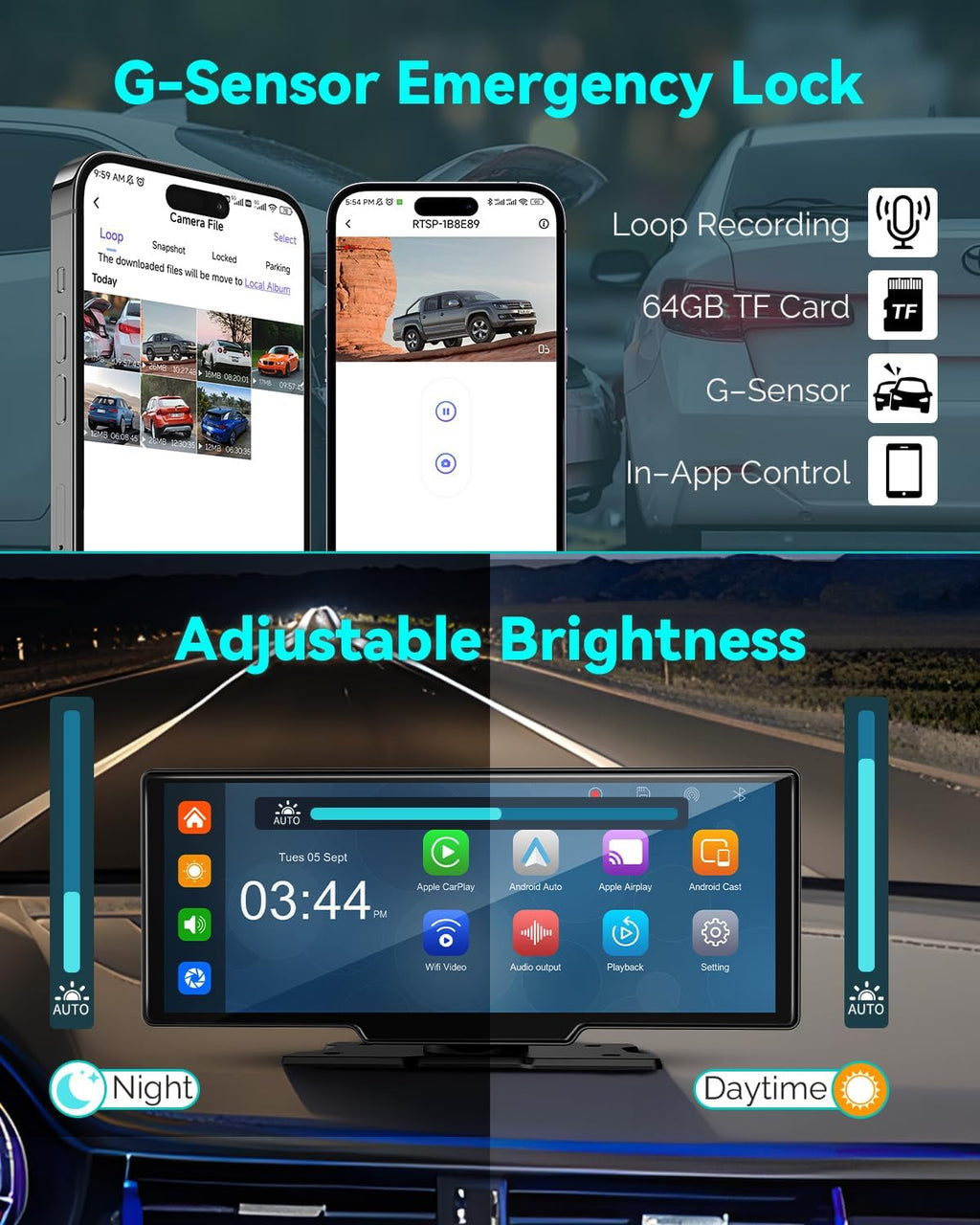Wireless Carplay Screen for Car, 10.26" Android Auto Screen Compatible with A-pple Carplay, 4K Front & 1080P Rear Cameras Loop Recording, FM, AUX, BT, MirrorLink, Voice Control, Navigation for iOS 10+