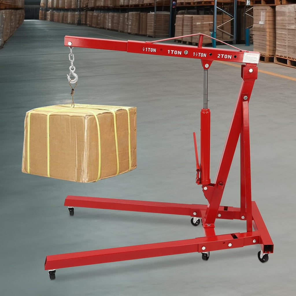 Engine Lift Crane 2 Ton (4000lbs) Engine Hoist Heavy Duty Garage Hydraulic Lift Foldable & Adjustable Height w/ 6 Universal Wheels for Car Fixing, Workshops, Ports, Warehouses, Garage