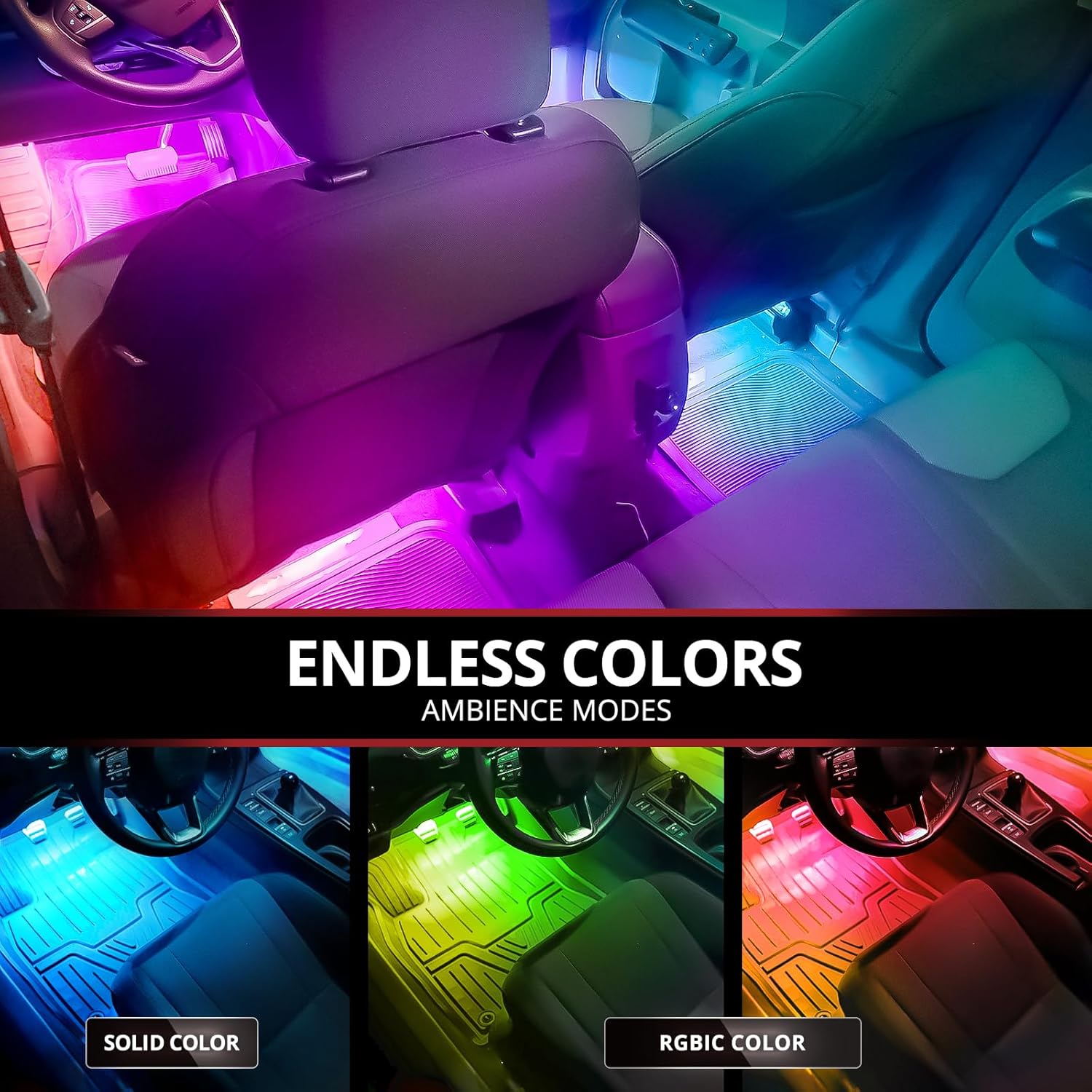 OPT7 Aura DreamColor Interior Light Strips, 4PC Double RGB-IC LED Color Chasing Kit w/APP & Remote Control, Underdash Ambient Lighting Universal for Vehicles Cars Trucks SUVs