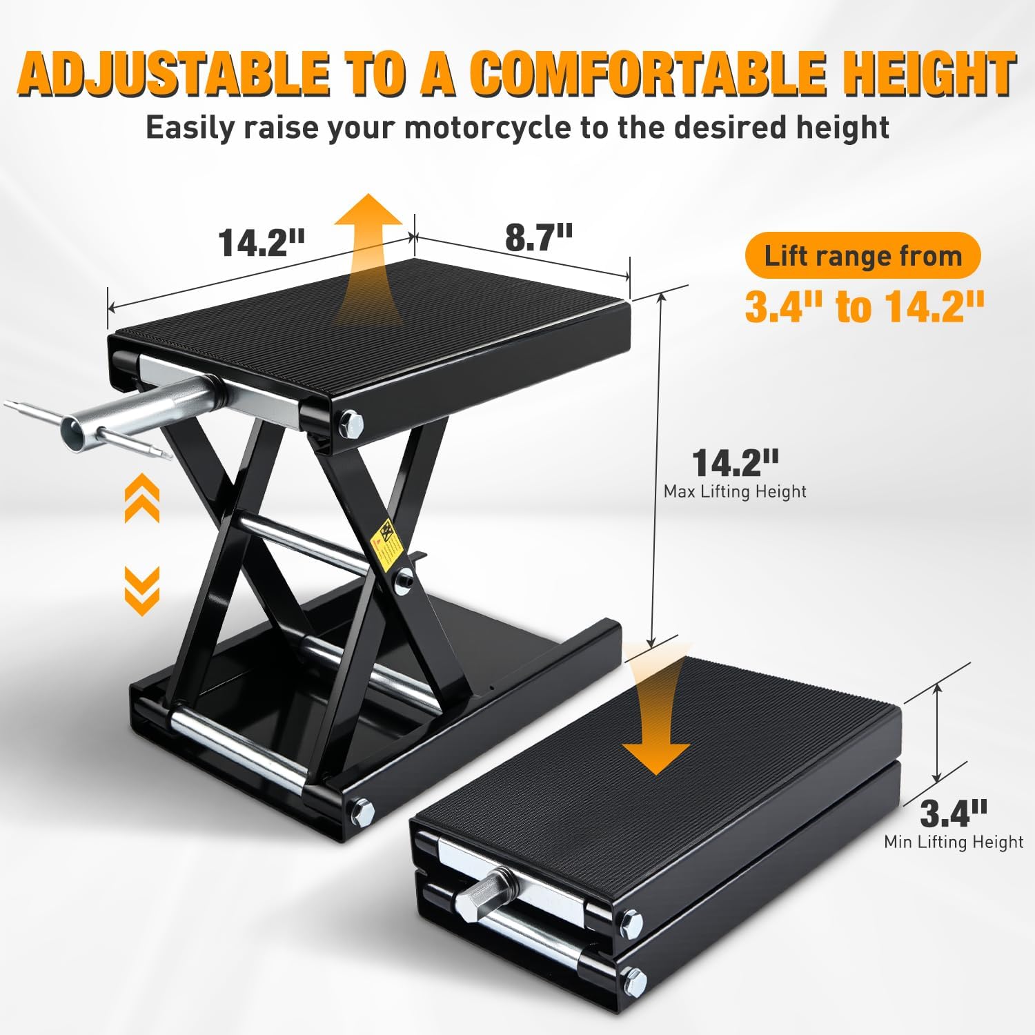 Nilight Motorcycle Lift Jack 1100 LBS Motorcycle Scissor Jack Stand Lift with Wide Deck Crank Handle 3.4"-14.2" Steel Scissor Hoist Garage Repair Lift Table Jacks for Motorcycles ATV Dirt Bike, Black