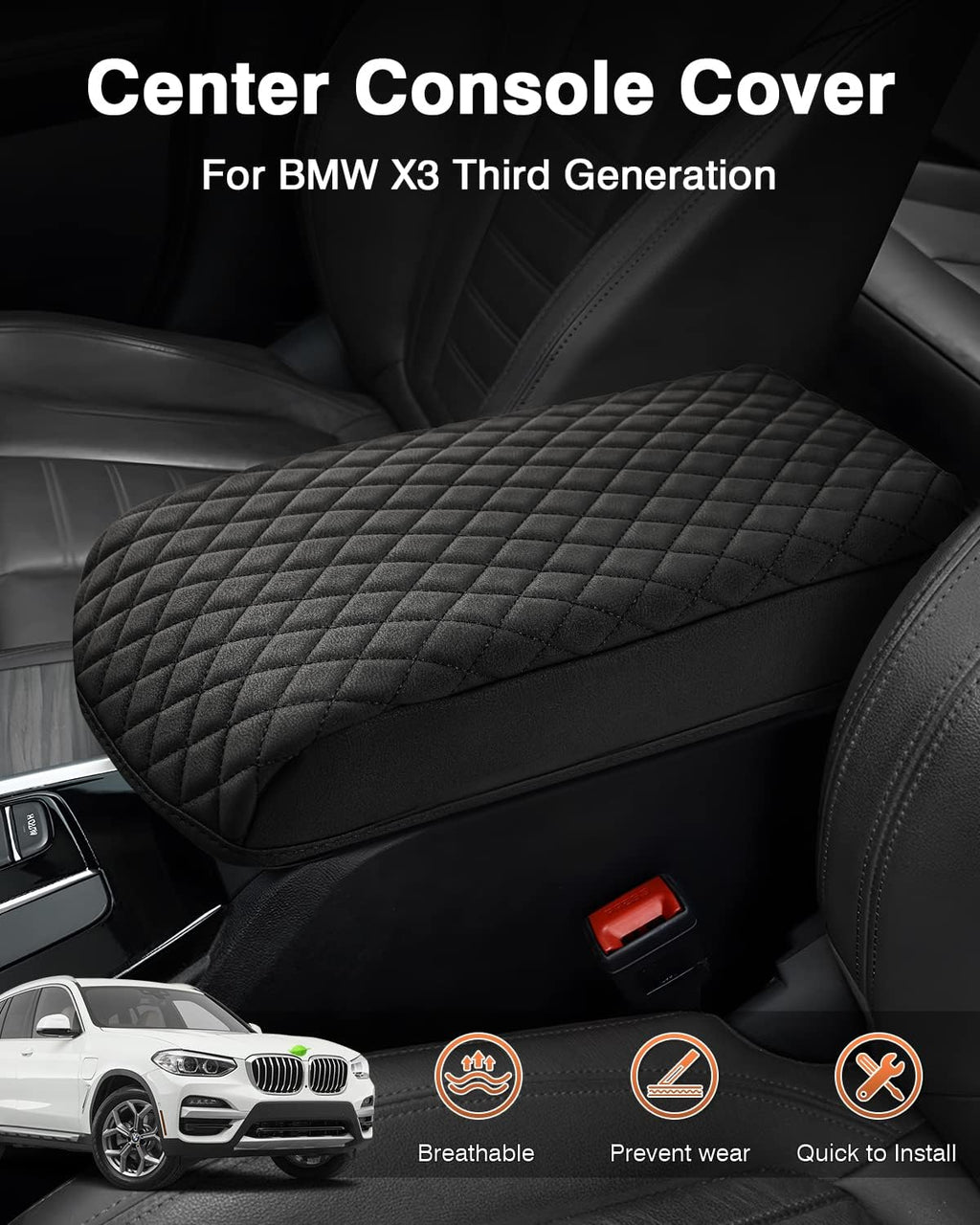 Shademax BMW X3 Center Console Cover, Armrest Cover Cushion Pad for BMW X3 Accessories 2024 2023-2018, PU Leather Armrest Seat Box Protector BMW X3 Middle Console Cover Anti-Scratch Black