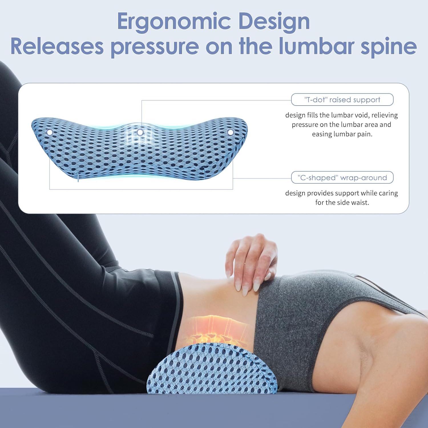 Lumbar Support Pillow Ergonomic Memory Foam, Relieve Back Pain, CMFY Breathable & Detachable & Washable, Perfect for Office Chairs, Car Seats, Beds (Blue)