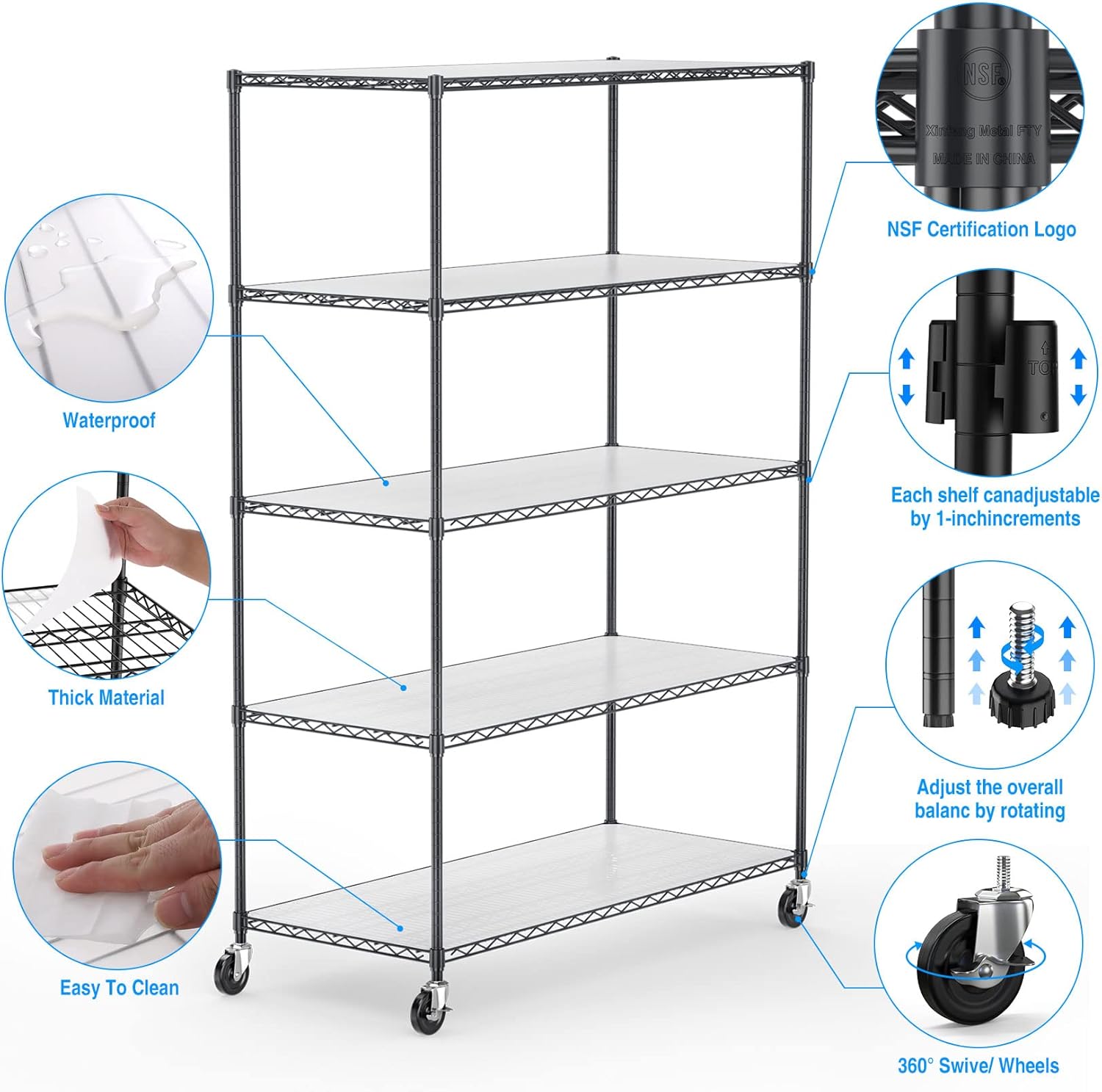 pouseayar Black 5 Tier Shelf Wire Shelving Unit, 6000lbs Capacity NSF Metal Heavy Duty Adjustable Storage Rack with Wheels & Shelf Liners, 82" H x 48" L x 24" D