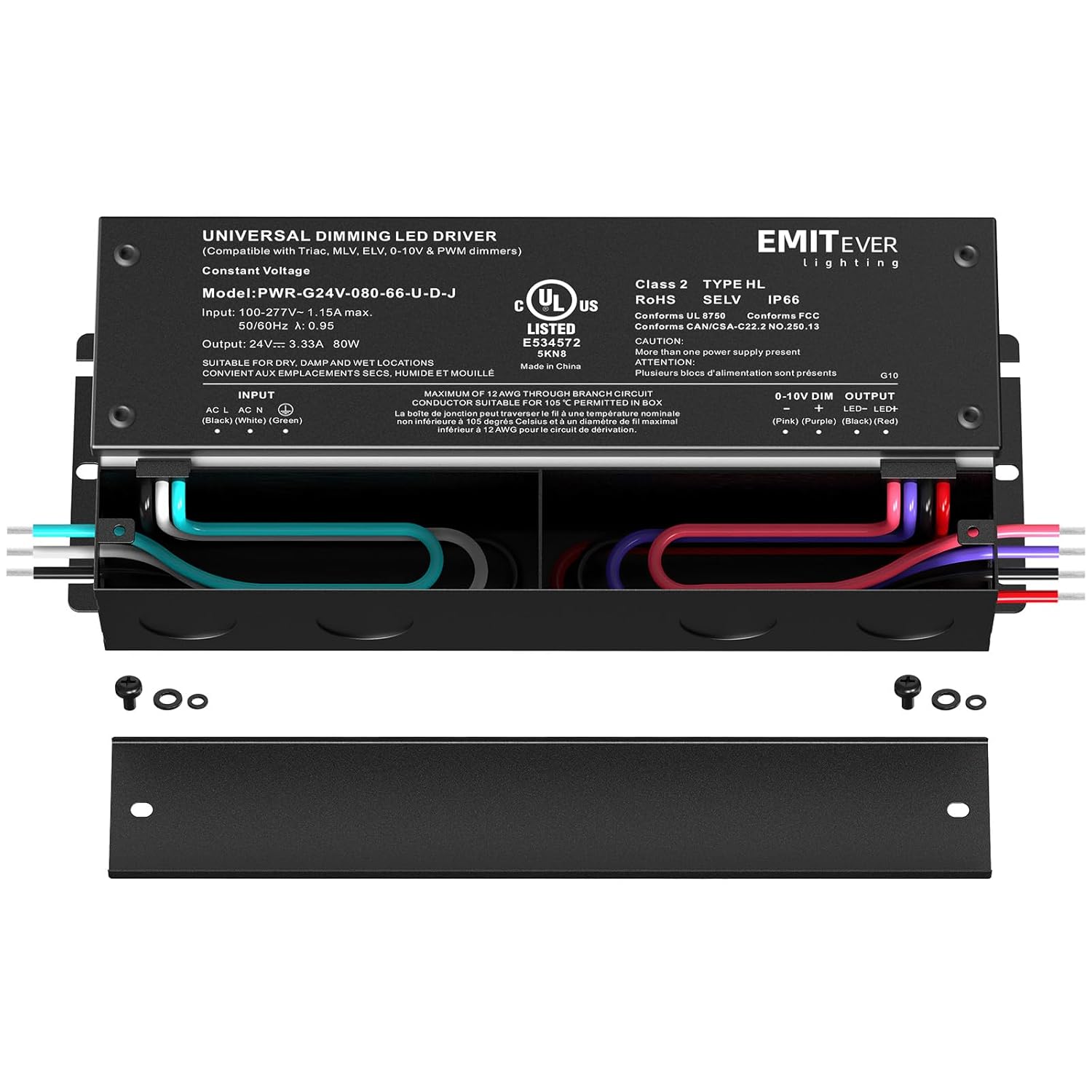 EMITEVER Dimmable Led Driver, 80W AC 110V-277V to DC 24V Transformer, 5-in-1 Dimming: ELV/MLV/TRIAC / 0-10V / 1-10V / 10V PWM/Potentiometer,Class 2,Waterproof IP67 and UL Listed，Class 2
