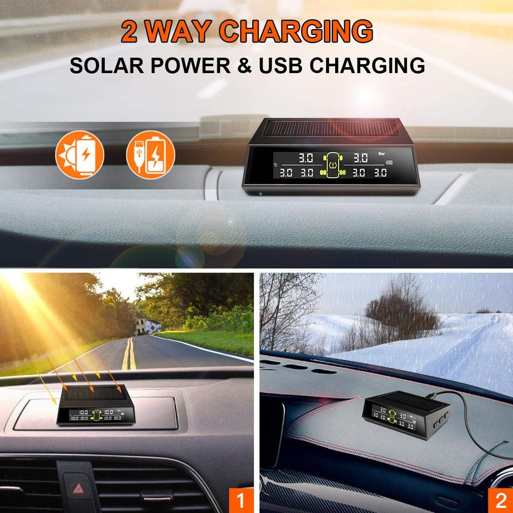 RV TPMS Tire Pressure Monitoring System, TS200 Solar Wireless TPMS with 6 Tire External Sensors Digital LCD Display RV Auto Security Alarm for Car RV Trailer Truck Tow Motorhome
