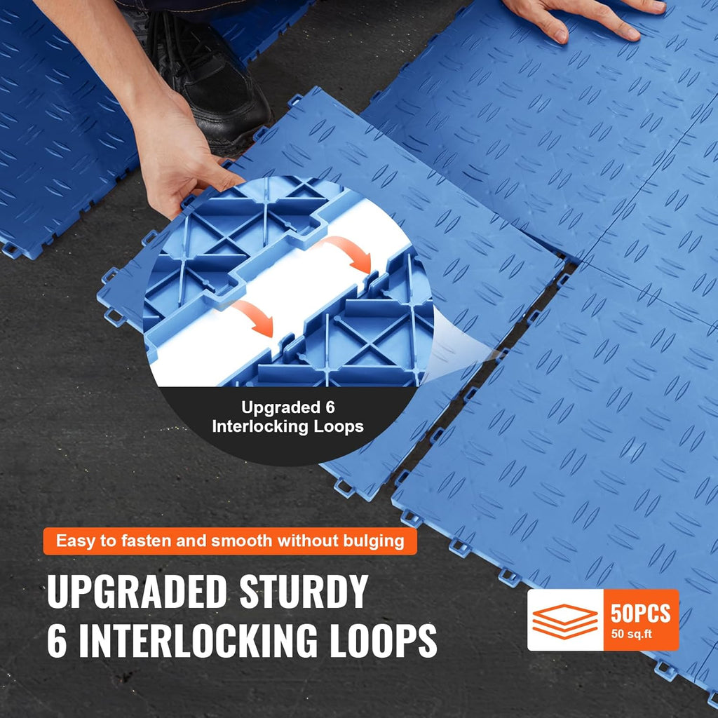 VEVOR Interlocking Garage Floor Covering Tiles, 12x12x0.53 inch, 50 Pack, Non-Slip Double-Sided Texture, for Garages, Basements, Repair Shops, Blue