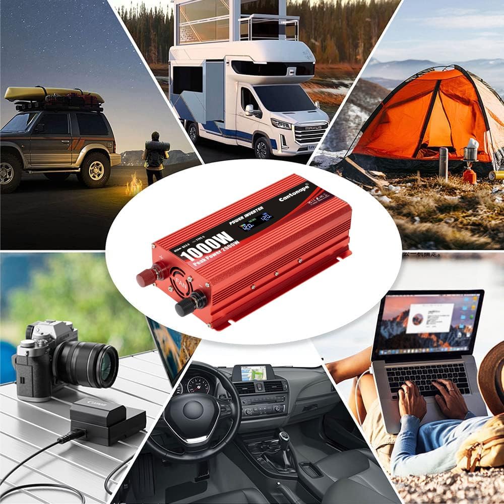 1000W Car Power Inverter DC 12V to 110V/120V AC Converter with LCD Display 2 AC Outlets 3.0A USB and Type-C Car Charger Adapter for Car Home Laptop Truck