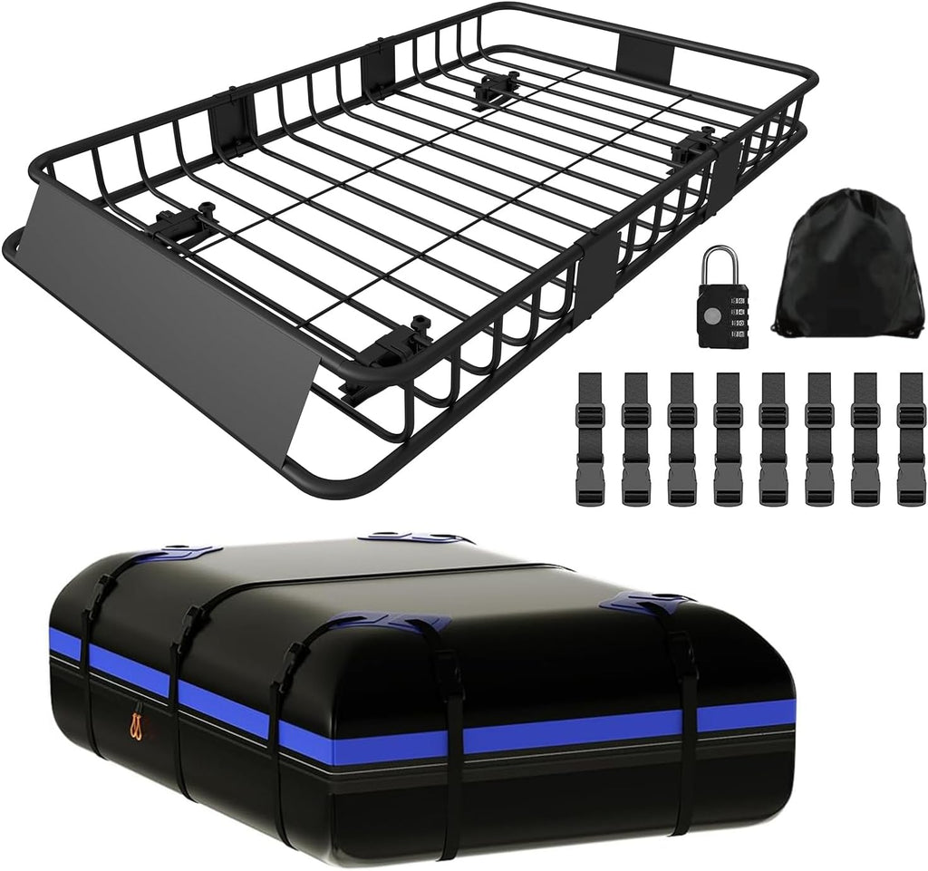 FORWODE Roof Rack Carrier Basket, 64" x 39" Rooftop Cargo Carrier with 250 lbs Capacity, Rust-Proof Steel Heavy Duty Car Top Luggage Basket with Waterproof Cargo Bag for SUV Truck Cars