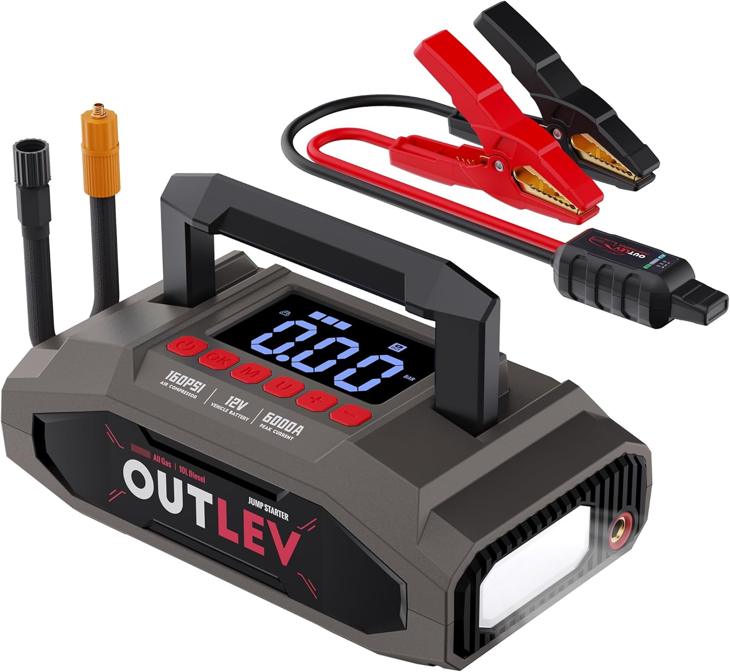 Jump Starter with Air Compressor (6000A 160PSI) - All-in-One Portable Jump Starter for Cars, Trucks, RV, Boat - Fast Charging, Safety Protection, Essential for Road Trips & Emergencies