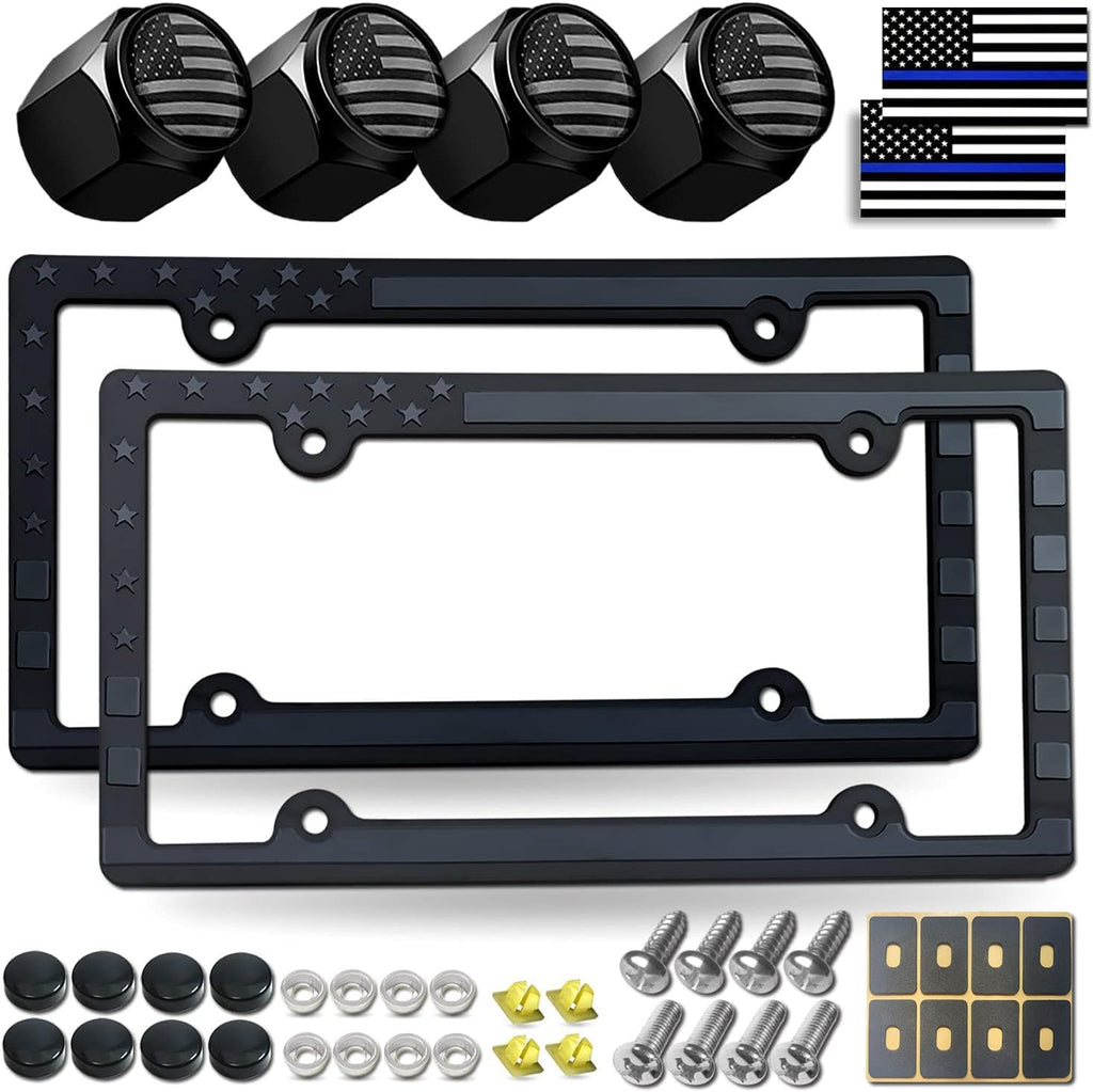Black American Flag License Plate Frames- Patriotic USA Stars and Stripes Flag Plastic Car Tag Cover Holder with Mount Screws Caps for Truck/SUV, Auto Accessories for Veterans Military