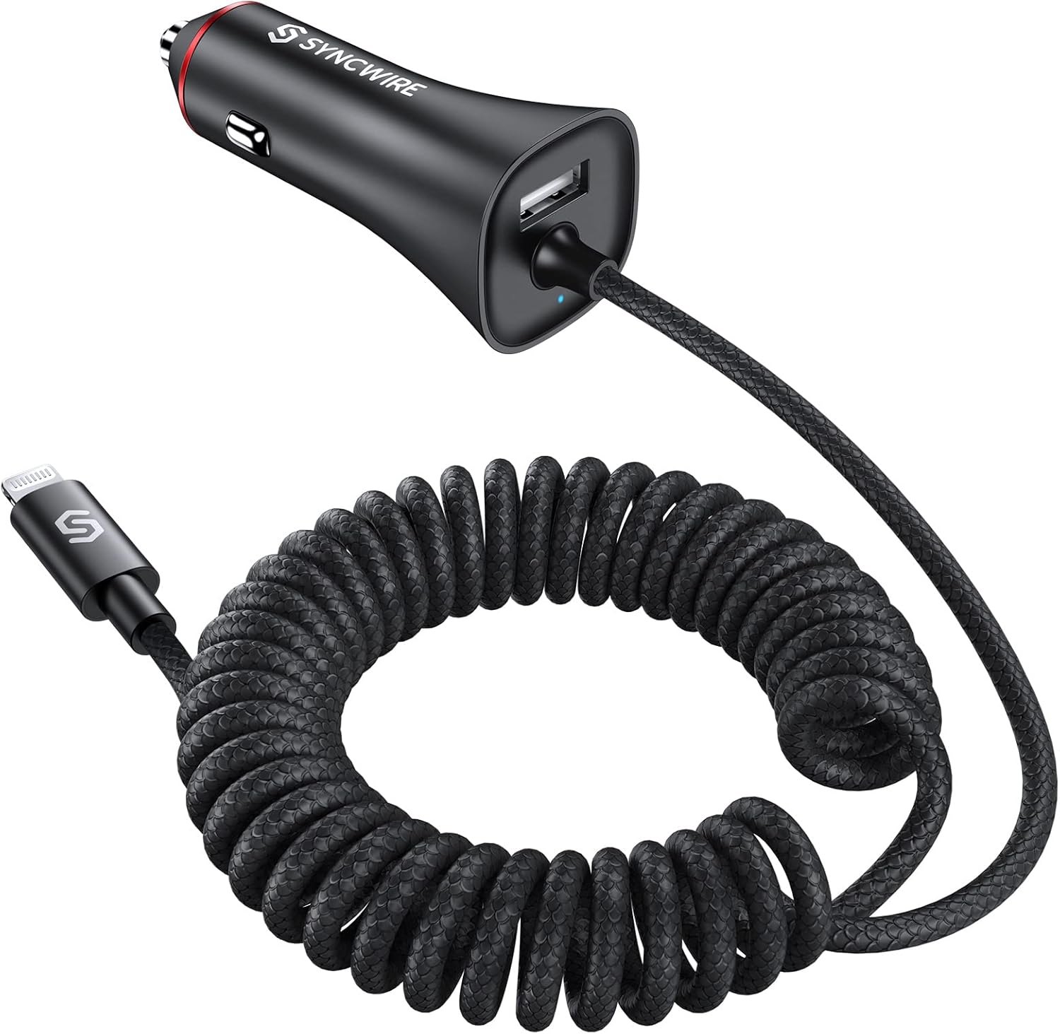 [Apple MFi Certified] Syncwire iPhone Car Charger 32W Super Fast Car Phone Charger Cigarette Lighter USB Car Adapter with Build-in 5FT Coiled Lightning Cable for Apple iPhone 14/13/12/11/XR/Max, iPad