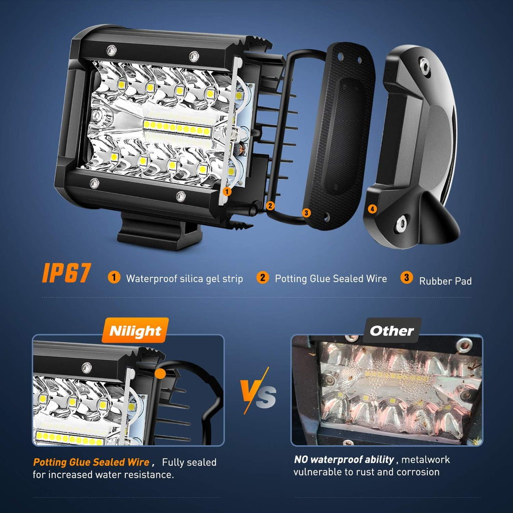 Nilight LED Light Bar 2PCS 60W 4 Inch Flood Spot Combo LED Work Light Pods Triple Row Work Driving Lamp with 12 ft Wiring Harness kit - 2 Leads