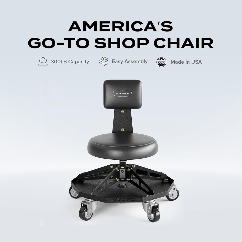 Vyper Robust Steel Sport Shop Chair for Mechanics, Automotive, DIY - 300 lb Capacity Garage Stool with Backrest & Large Wheels (Black Seat, Black Frame)