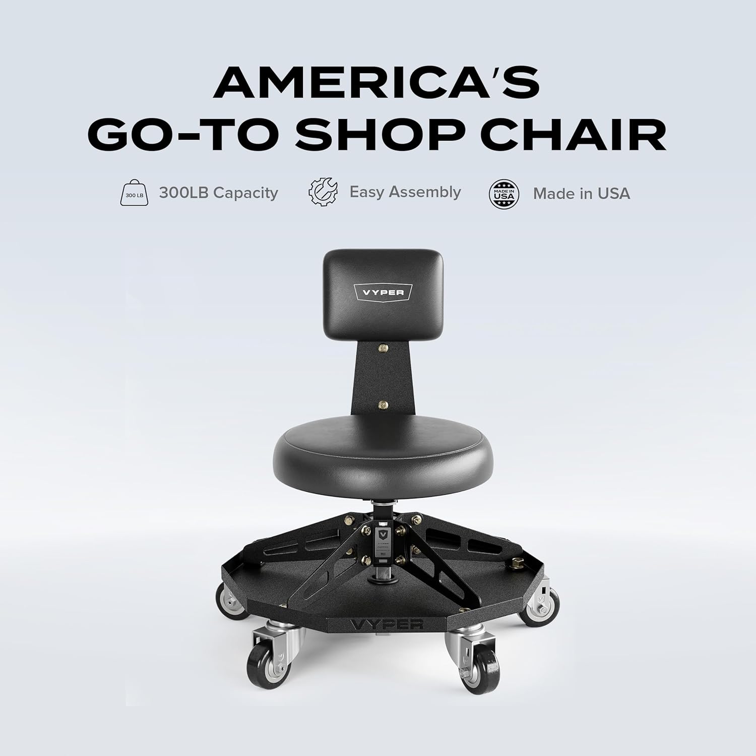 Vyper Robust Steel Sport Shop Chair for Mechanics, Automotive, DIY - 300 lb Capacity Garage Stool with Backrest & Large Wheels (Black Seat, Black Frame)