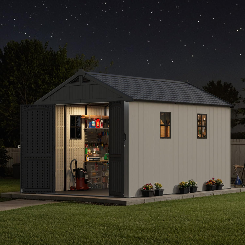 Patiowell 8 x 12 FT Resin Outdoor Storage Shed with Floor, Large Shed with Light and Lockable Door for Garden, Backyard, Tool Storage Use, Easy to Install in Beige (Kick-it Shed)