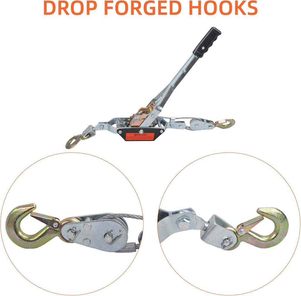 2 Ton Heavy Duty 2 Hook Steel Cable Dual Gear Power Puller Come Along Chain Winch Ratchet Tool, Automotive Hoist Hand Winch Cable Puller Stretcher Lift