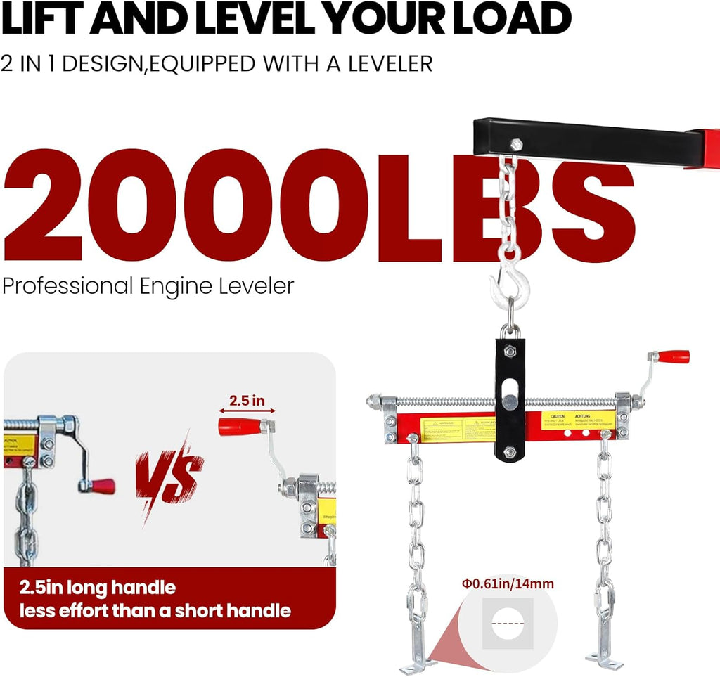 4400 Lbs Folding Cherry Picker, 2 Ton Engine Hoist with Lever, with 6 Casters, 8 Ton Hydraulic Pump 4 Adjustable Position, Engine Crane for Garage, Workshop, Repair, Red