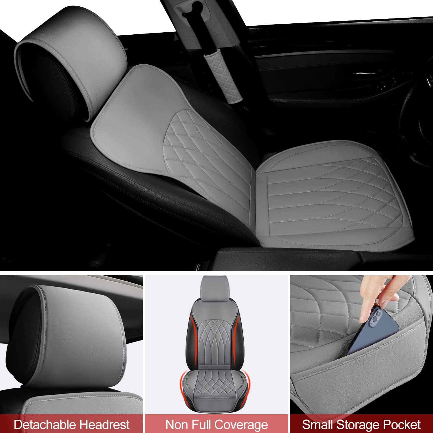 2 Pack Leather Front Car Seat Covers, Universal Sideless Car Seat Protectors with Storage Pocket and Seat Belt Pads, Waterproof Automotive Seat Cover for Cars Trucks SUV(Grey)
