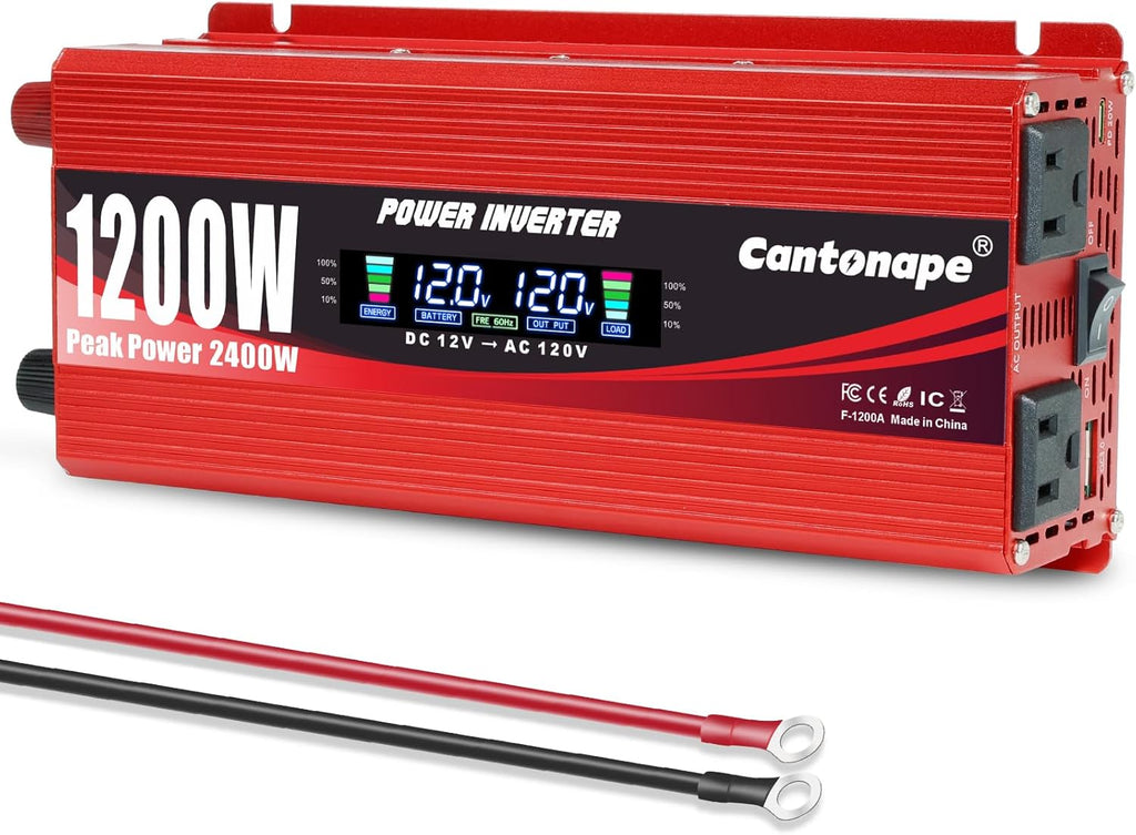 1200W/2400W(Peak) Car Power Inverter DC 12V to 110V/120V AC Converter with LCD Display Dual AC Outlets 3.0A USB and Type-C 12 Volt Inverter for Car Home Laptop Truck