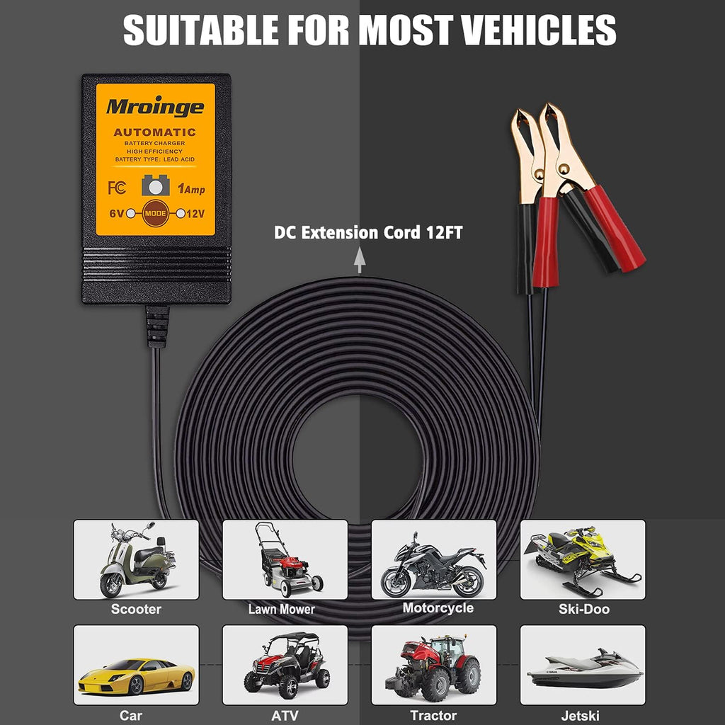 MBC016, 6V / 12V 1A Fully Automatic Trickle Battery Charger/Maintainer for Automotive Vehicle Motorcycle Lawn Mower ATV RV Powersport Boat, Sealed Deep-Cycle AGM Gel Cell Lead Acid Batteries