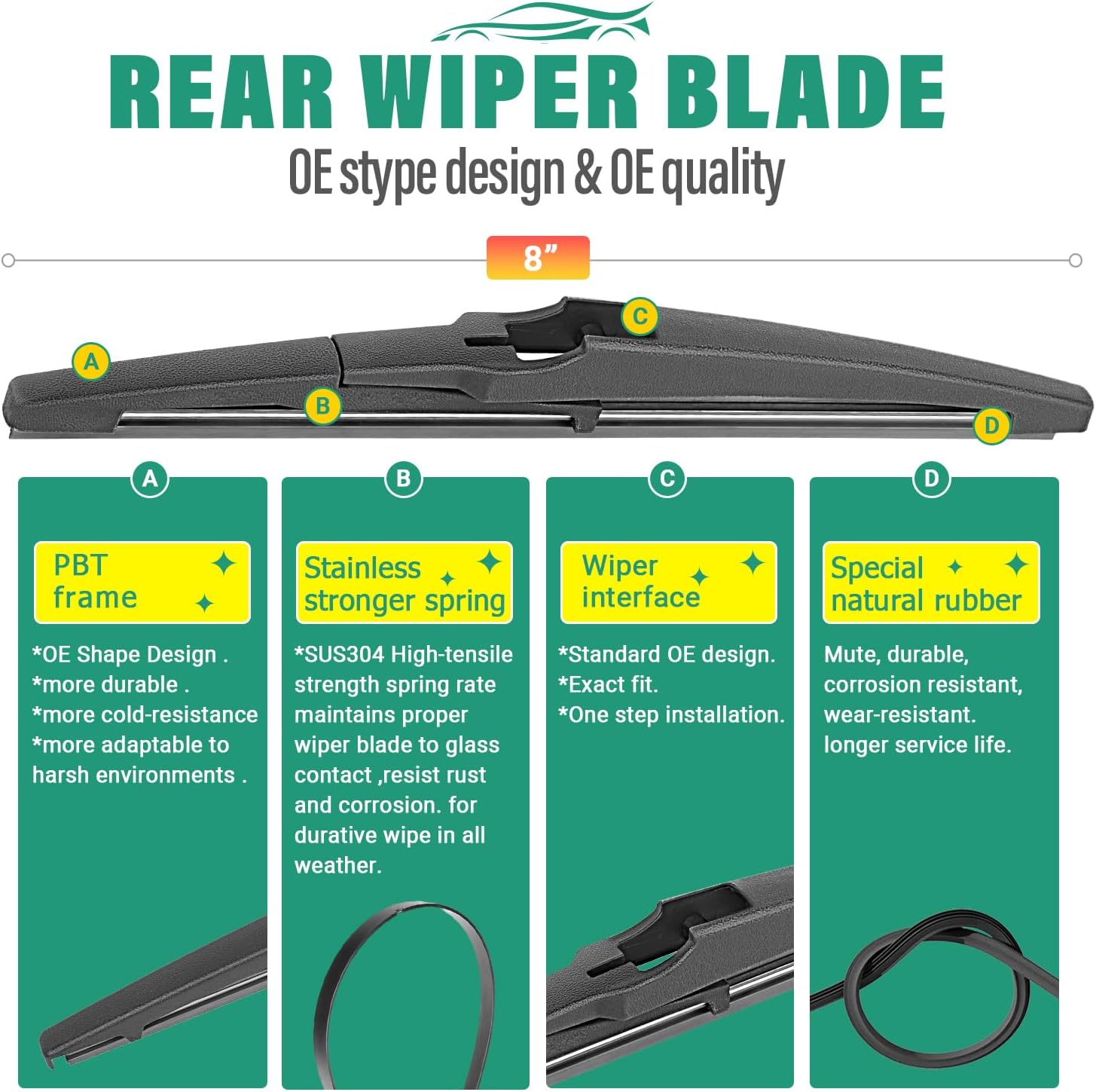 24" 14" 8" Windshield Wiper Blades Replacement for Chevy Chevrolet Spark 2016 2017 2018 2019 2020 2021 Premium All Weather Front Rear Wipers Set - OEM Quality (Pack of 3)