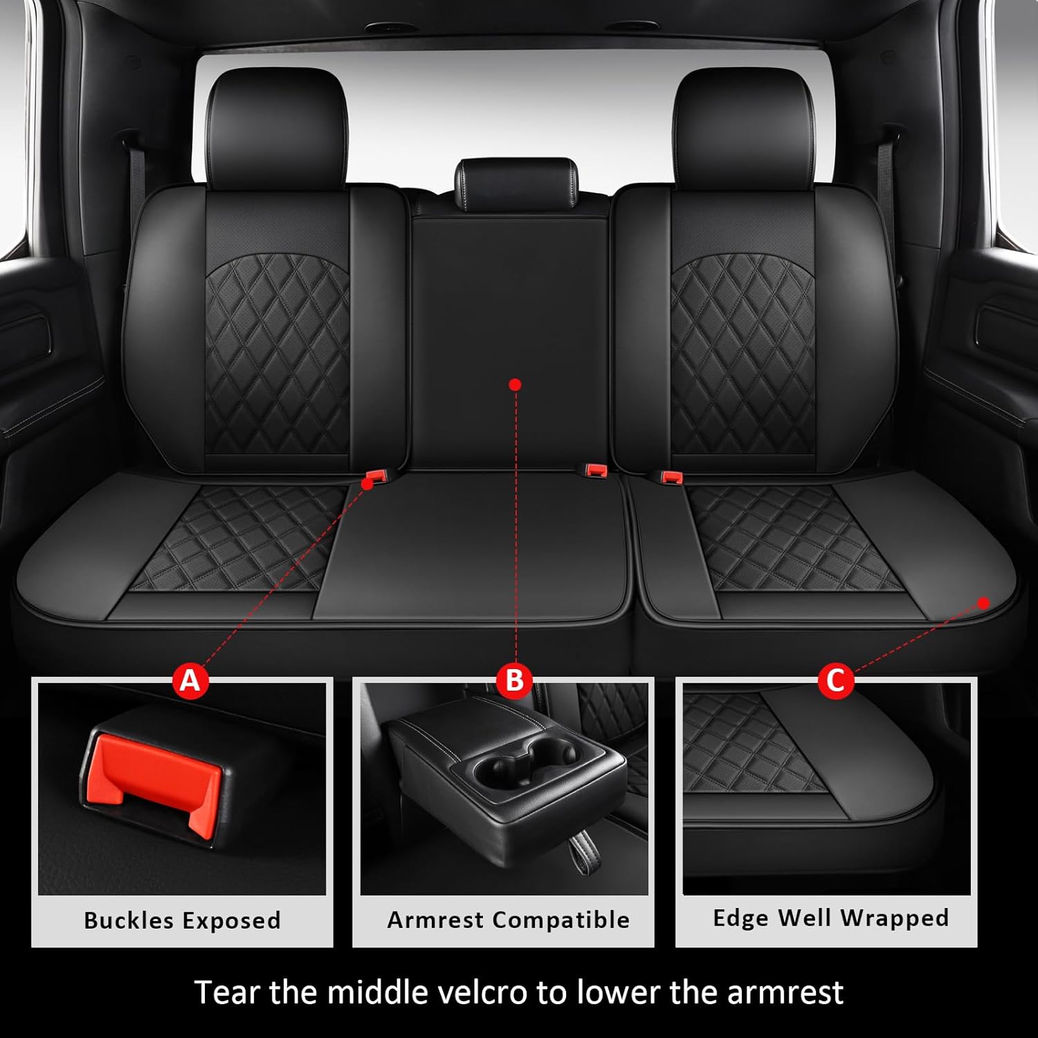 MIROZO Dodge Ram Seat Covers Full Set,5PCS Car Seat Cover Waterproof Fits for 2009-2025 Ram 1500 2500 3500 Crew Quad Regular Cab Pickup Cushions with Split Bench 40/60(Black,Full Set Flat Back)