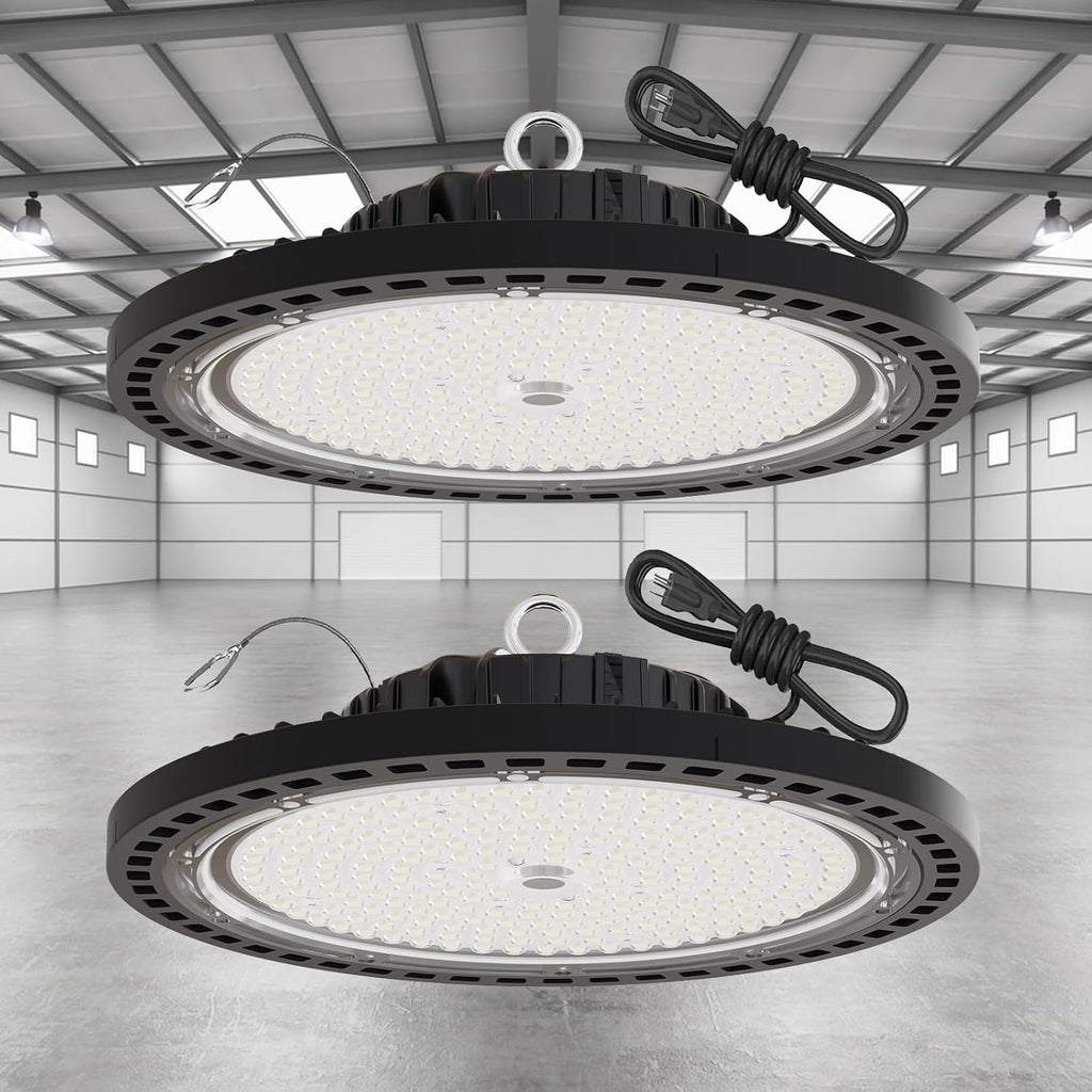 2 Pack UFO LED High Bay Light 250W, 35000 LM, 5000K with 5ft Power Cord, US Plug, Bright LED Shop Light for Basement Commercial Factory Garage Lighting, IP66 Waterproof, AC110-277V, ETL Listded