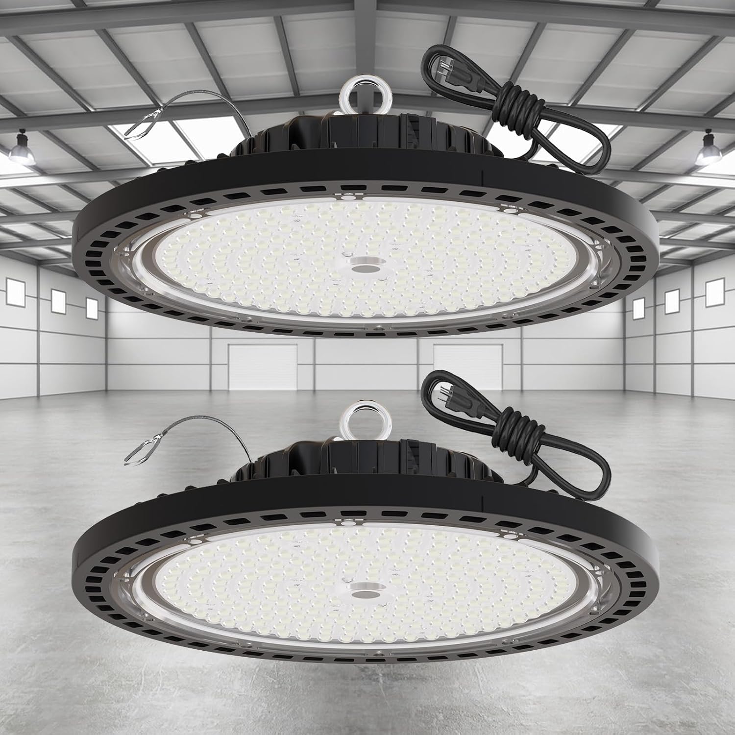 2 Pack UFO LED High Bay Light 250W, 35000 LM, 5000K with 5ft Power Cord, US Plug, Bright LED Shop Light for Basement Commercial Factory Garage Lighting, IP66 Waterproof, AC110-277V, ETL Listded