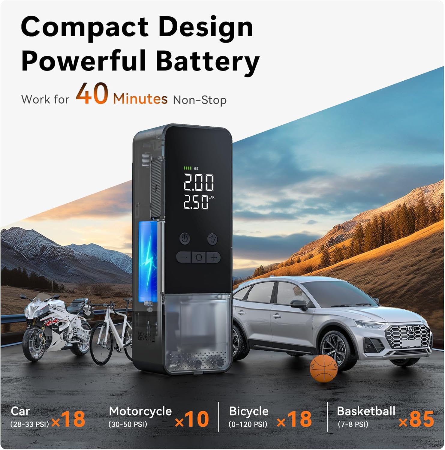 CYCPLUS Tire Inflator Portable Air Compressor - 150PSI Cordless Air Pump with Digital Tire Pressure Gauge, Auto Shut Off, DC/AC 2-in-1 for Car/Motorcycle/E-Bike/Ball