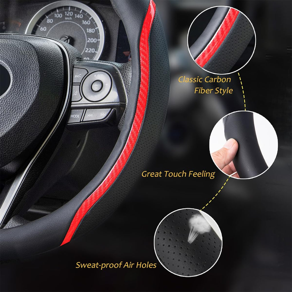 Steering Wheel Cover Black Red, Carbon Fiber Car Steering Wheel Covers with Coasters Universal 14.5-15 inch Leather Microfiber Breathable Anti-Slip Steering Wheel Accessories Set