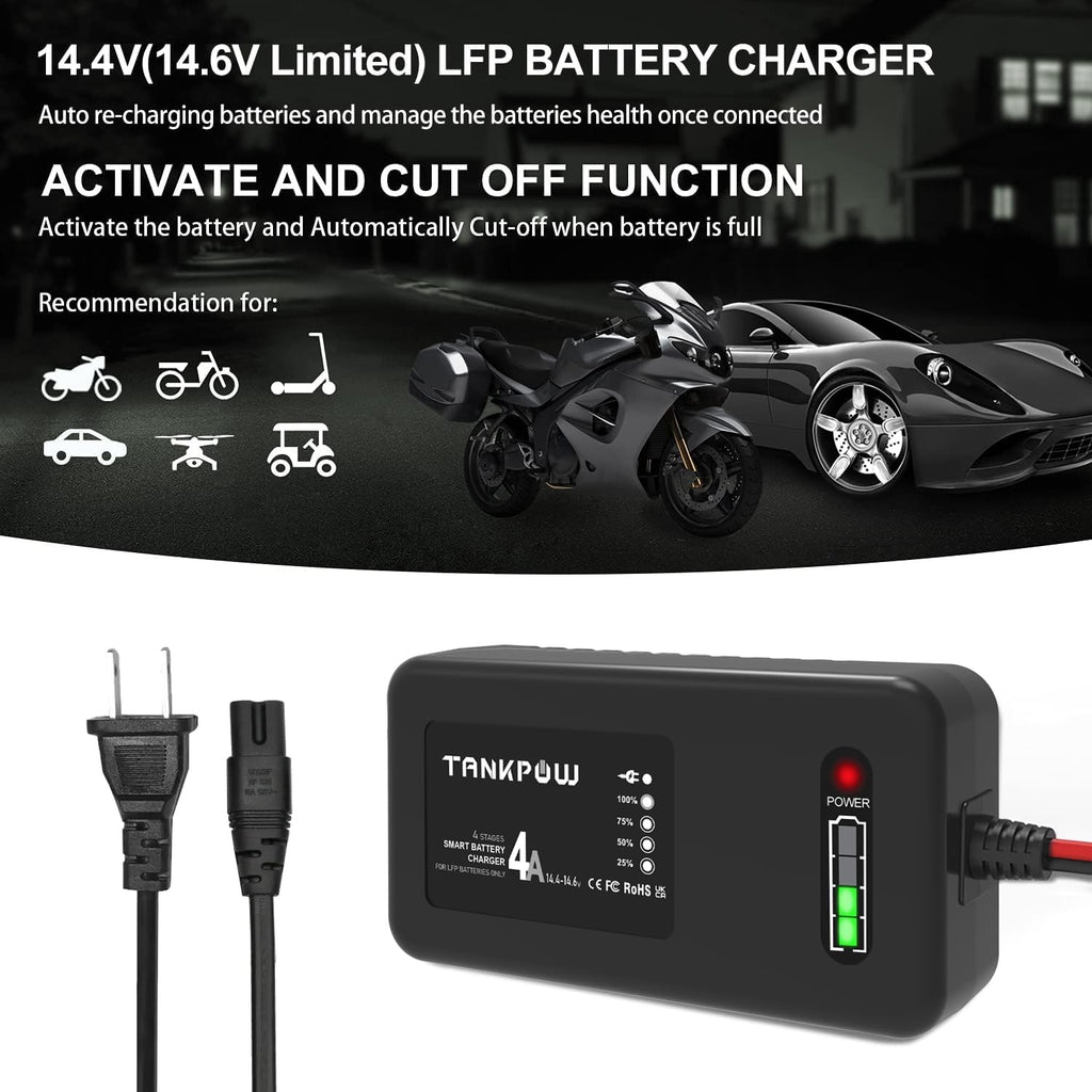 4-Amp LiFePO4 Battery Charger,14.6 Volt Lithium Battery Charger,Smart Charger for Cars,Motorcycles,Lawn Mowers,Toy Cars,Golf Carts,UAV,Fishing Boat,Lithium and Deep Cycle Batteries