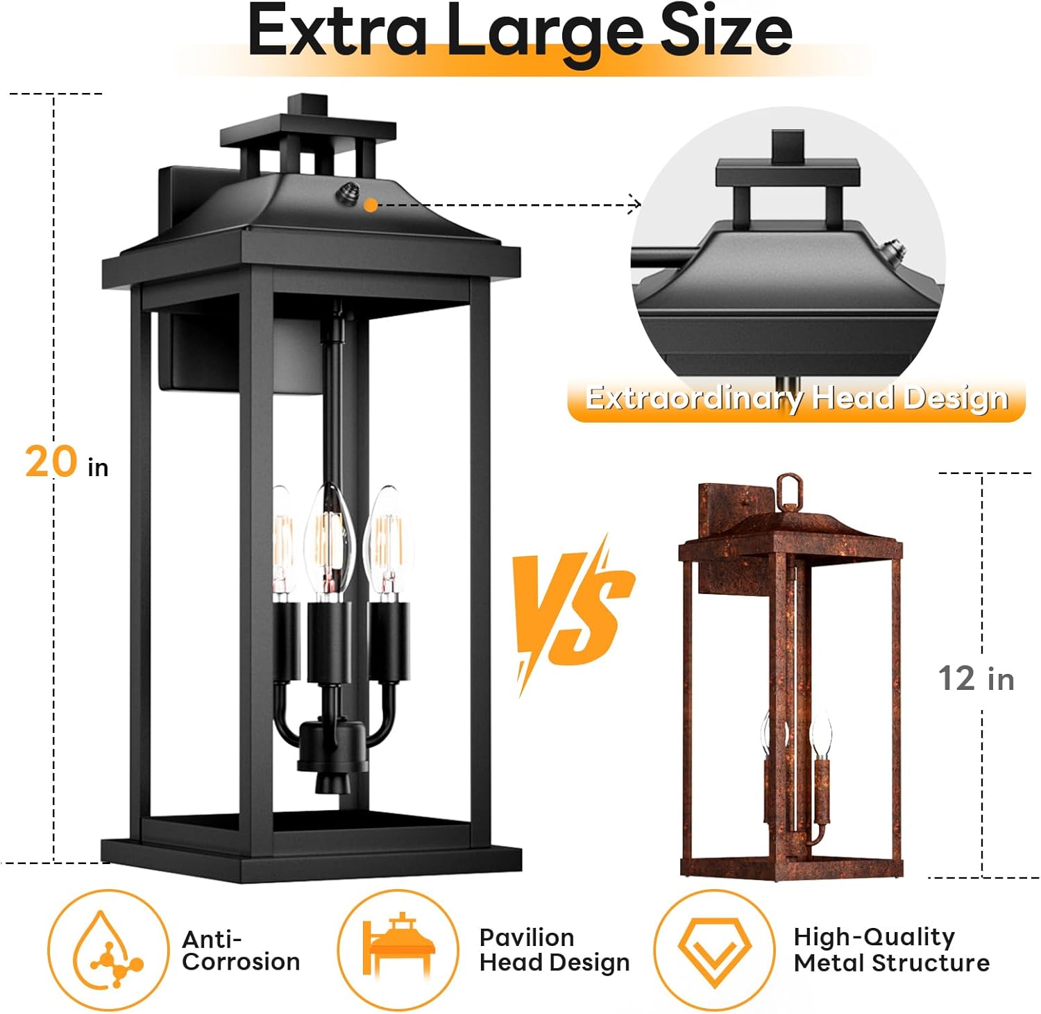 20" Large Dusk to Dawn Exterior Wall Light Fixture 3-Light, Black Outdoor Porch Lantern Wall Mounted, Waterproof Modern Outside Wall Sconce Garage Patio Coach Lamp for House, E12
