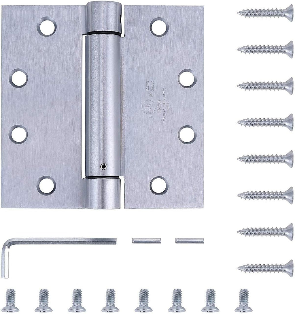 2 Pack - 4.5"x4" Brushed Satin Chrome Finish Self Closing Reversible Door Hinge - Heavy Duty Commercial Spring Door Hinge - UL Listed with Complete Installation Hardware