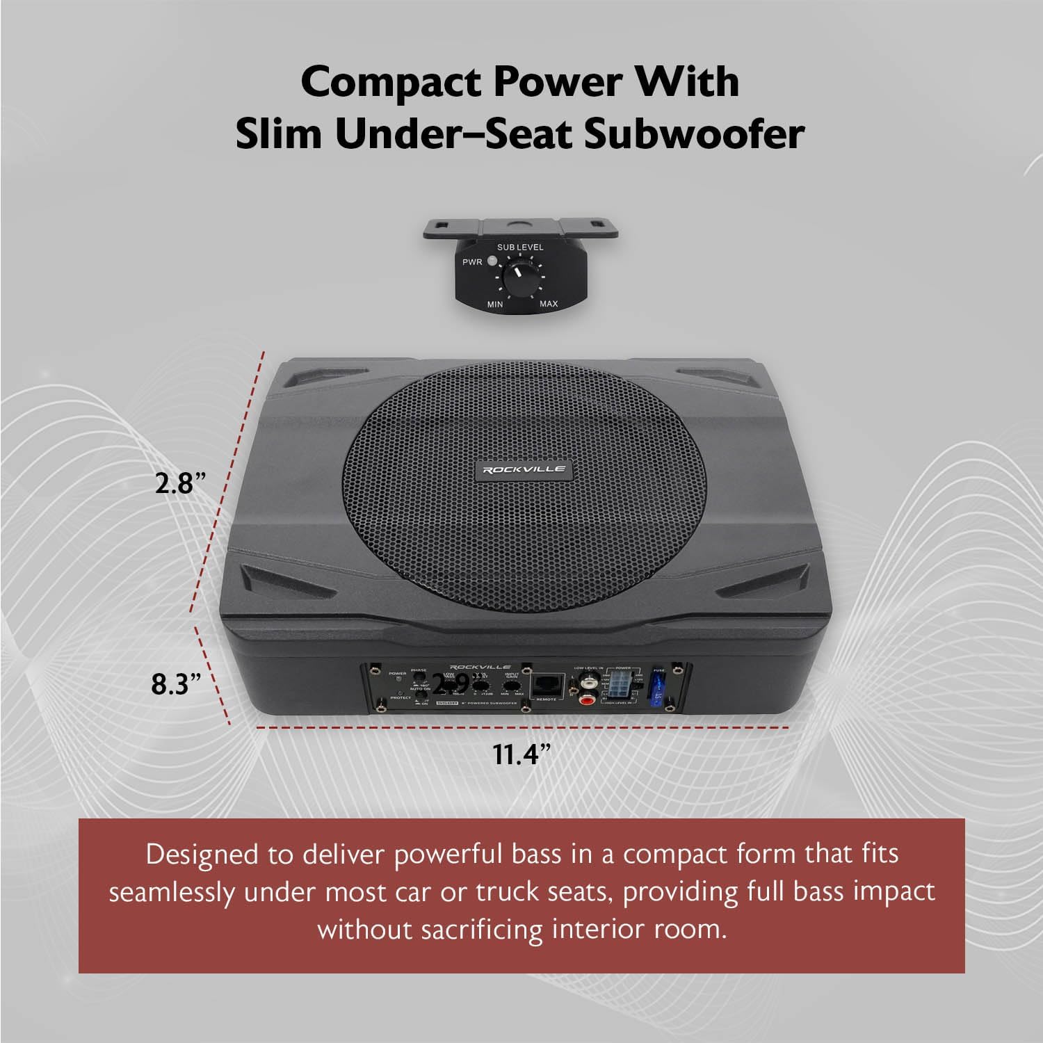 Rockville SS8P 400W 8" Slim Under-Seat Active Subwoofer, High-Level Inputs, Cast Aluminum Enclosure, for Car/Truck Audio Systems