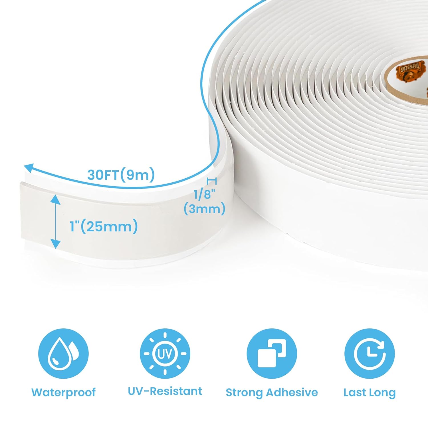 Butyl Tape 1 Inch x 30 Ft White, 1/8 in Thick Plumbers Putty Tape RV Sealant Window Sealing Leak Proof Double Sided Butyl Caulking for Boat Sealing, EDPM, Automotive, Camper