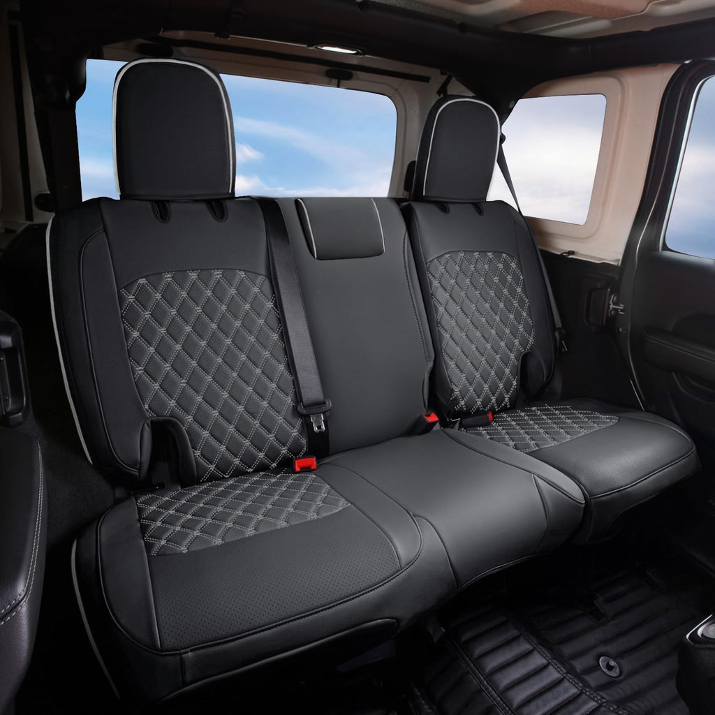 GIANT PANDA Customized Full Set Car Seat Covers for Jeep Wrangler 4 Door JL Sahara Sport Rubicon Willys 2018 2019 2020 2021 2022 2023 2024 2025 Without Rear Cup Holder,Faux Leather - (Black+Gray)