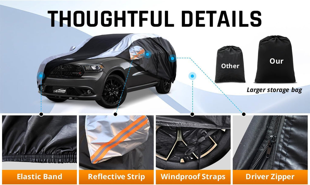 Dodge Durango Car Cover Waterproof All Weather with Silver Strip Design, Custom Fit for Dodge Durango 2005–2025, Durango Accessory with Door Zipper & Windproof Straps