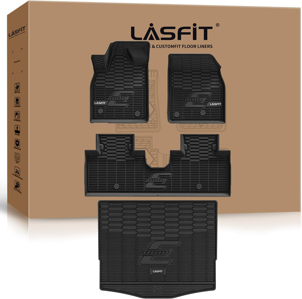 LASFIT Floor Mats and Trunk Mat for Ford Mustang Mach-E 2025 2024 2023 2022 2021 (Cargo Floor in Top Position) All Weather TPE Car Liners, 1st & 2nd Row & Cargo Liner, 4pcs Black