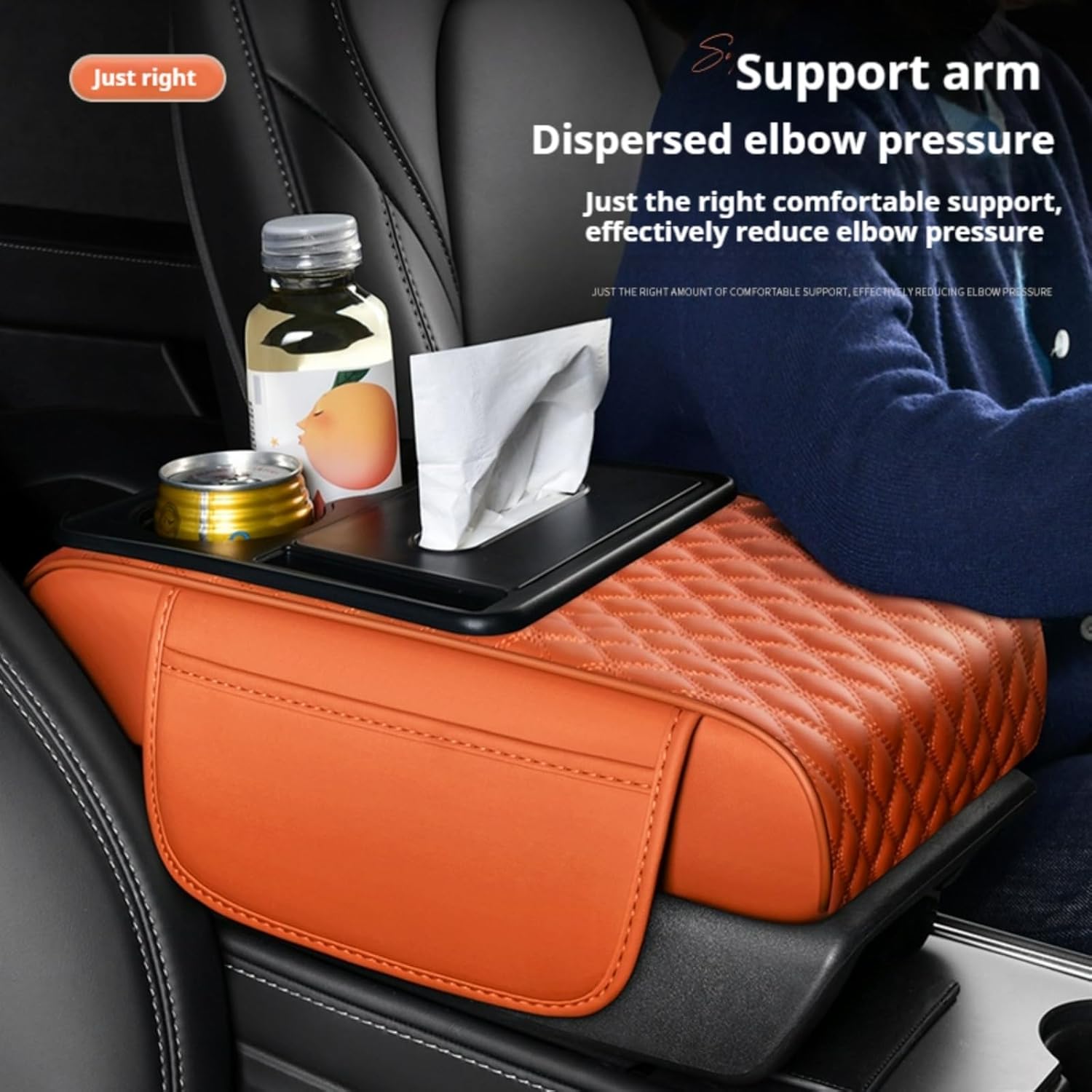 5-In-1 Center Console Cover Organizer with Cup Holder, Storage Pocket and Tissue Box, Armrest Cover Cushion Pad, Water Ripples, Black