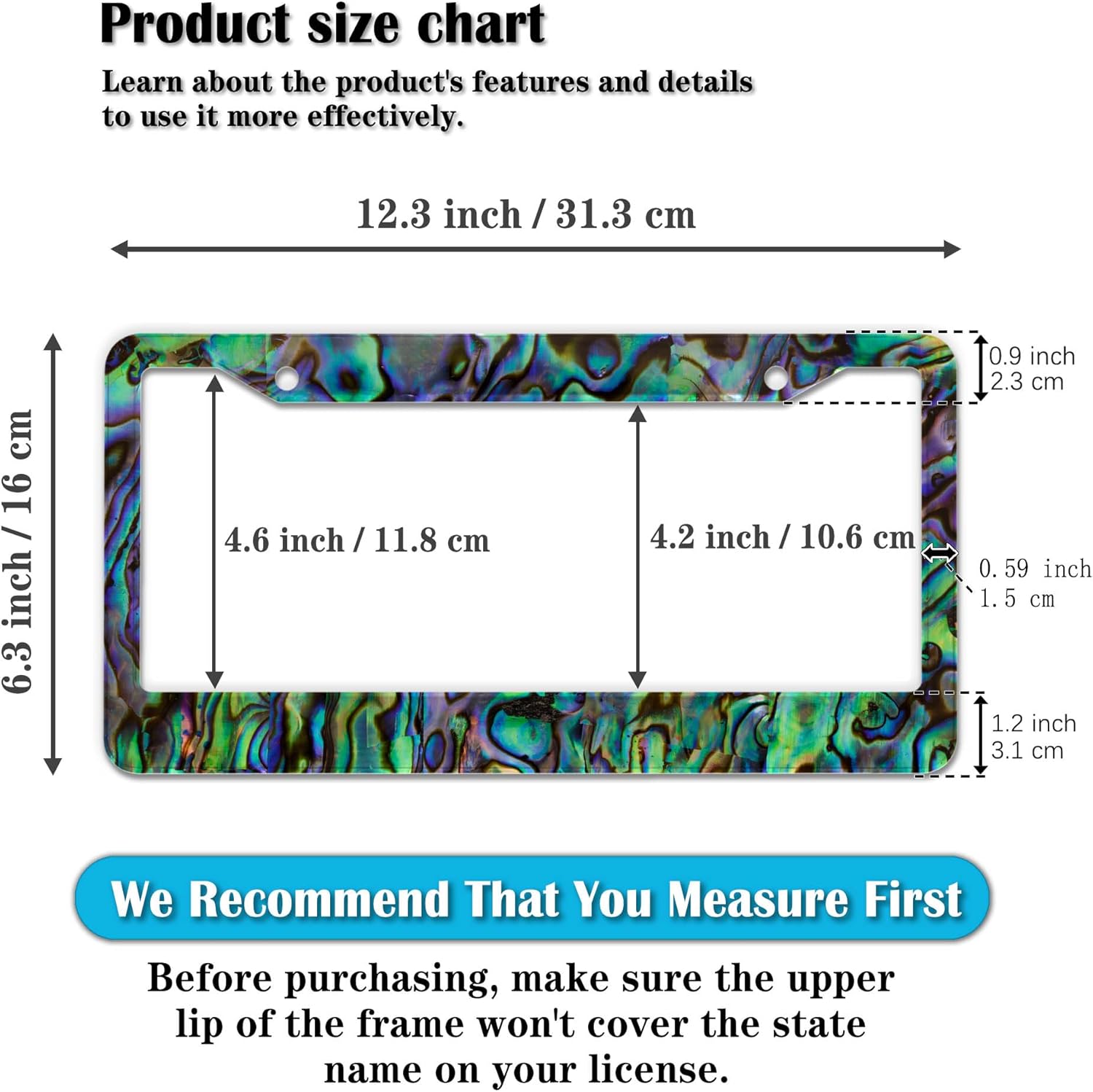 License Plate Frames Multicolor Fun License Plate Frame Cover Faux Abalone Texture Universal Aluminum Car Accessory 2 Pack with Screw Covers Set
