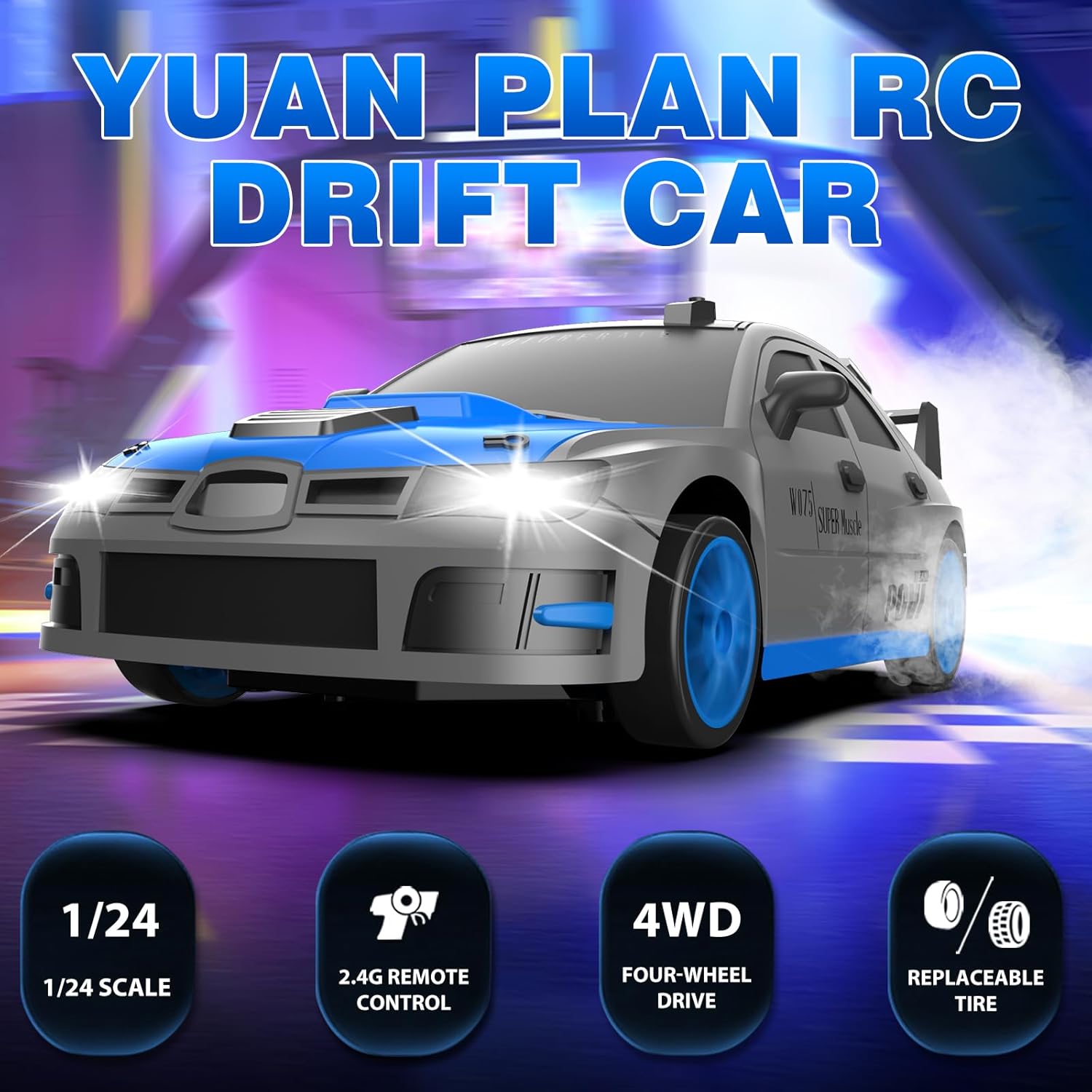RC Drift Car, 1/24 2.4GHz 4WD Remote Control Car High Speed Drift RC Cars with LED Lights, 2 Rechargeable Battery and Drifting Tires Racing Toy Cars for Kids Boys Girls Adults(Grey)