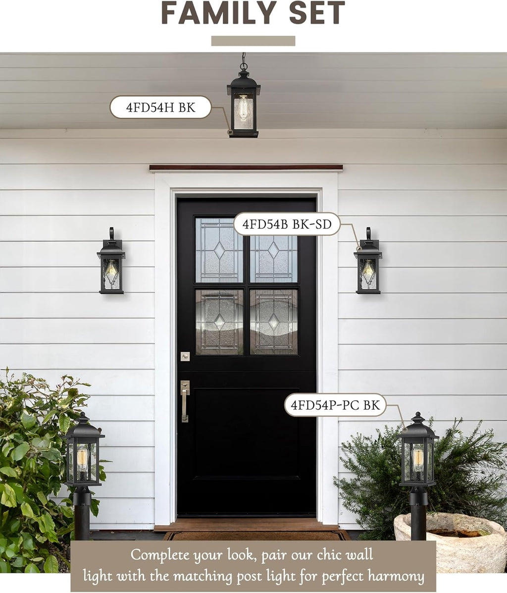 FEMILA Outdoor Wall Light Fixture,1-Light Exterior Waterproof Wall Sconce, Front Porch Lights, Matte Black Finish with Water Ripple Glass,E26 Socket, 4FD54B BK-SD