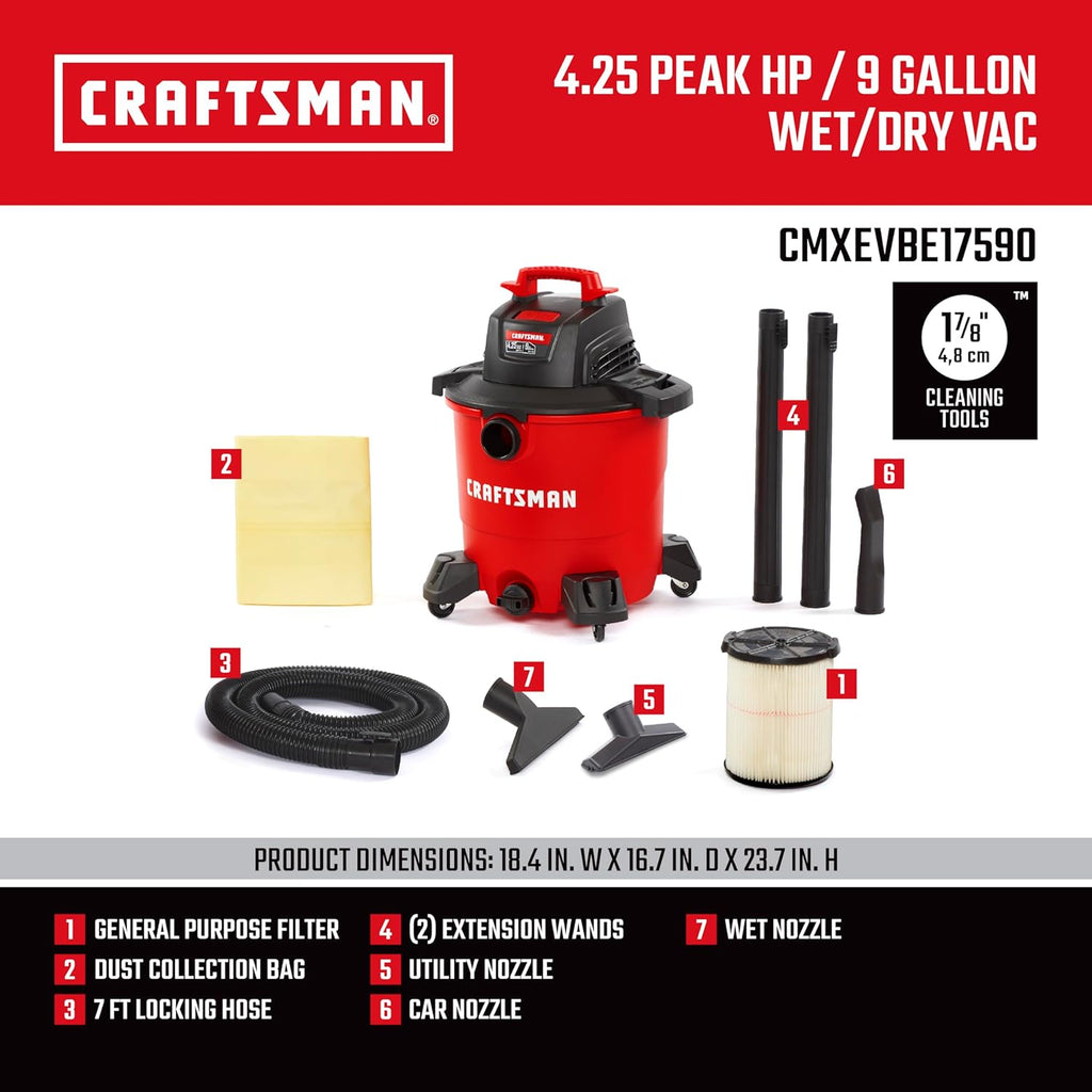 CRAFTSMAN CMXEVBE17590 9 Gallon 4.25 Peak HP Wet Dry Vac, Portable Shop Vacuum Wet and Dry with Filter, Dust Bag, Hose and Attachments for Home, Garage and Automotive Cleaning