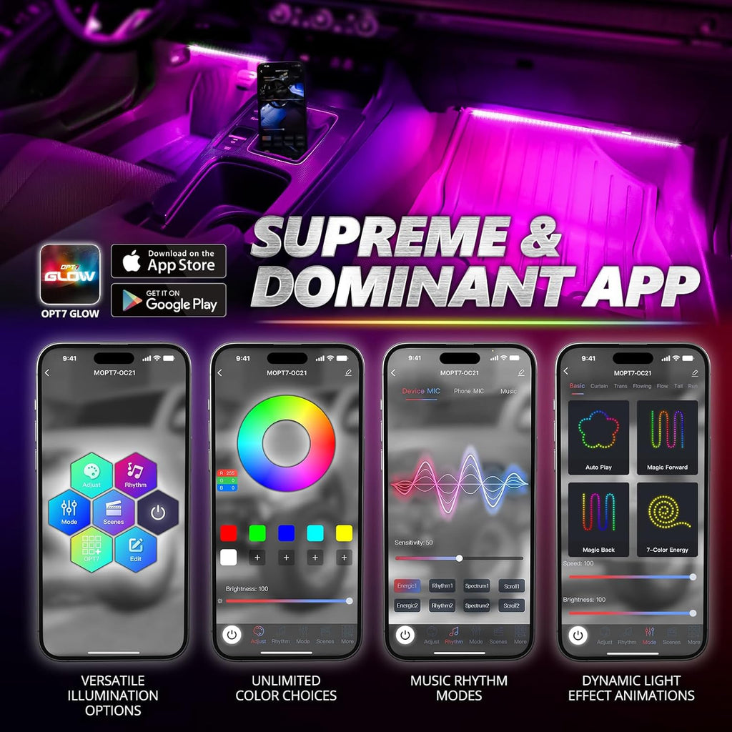 OPT7 Aura Pro 4PC Double LED Interior Car Strip Lights with APP & Remote Control, Multicolor Mode, Sound Active Neon Accent Lighting Kit, Footwell Floor Inside Decor Accessories, 12V Charger Adapter