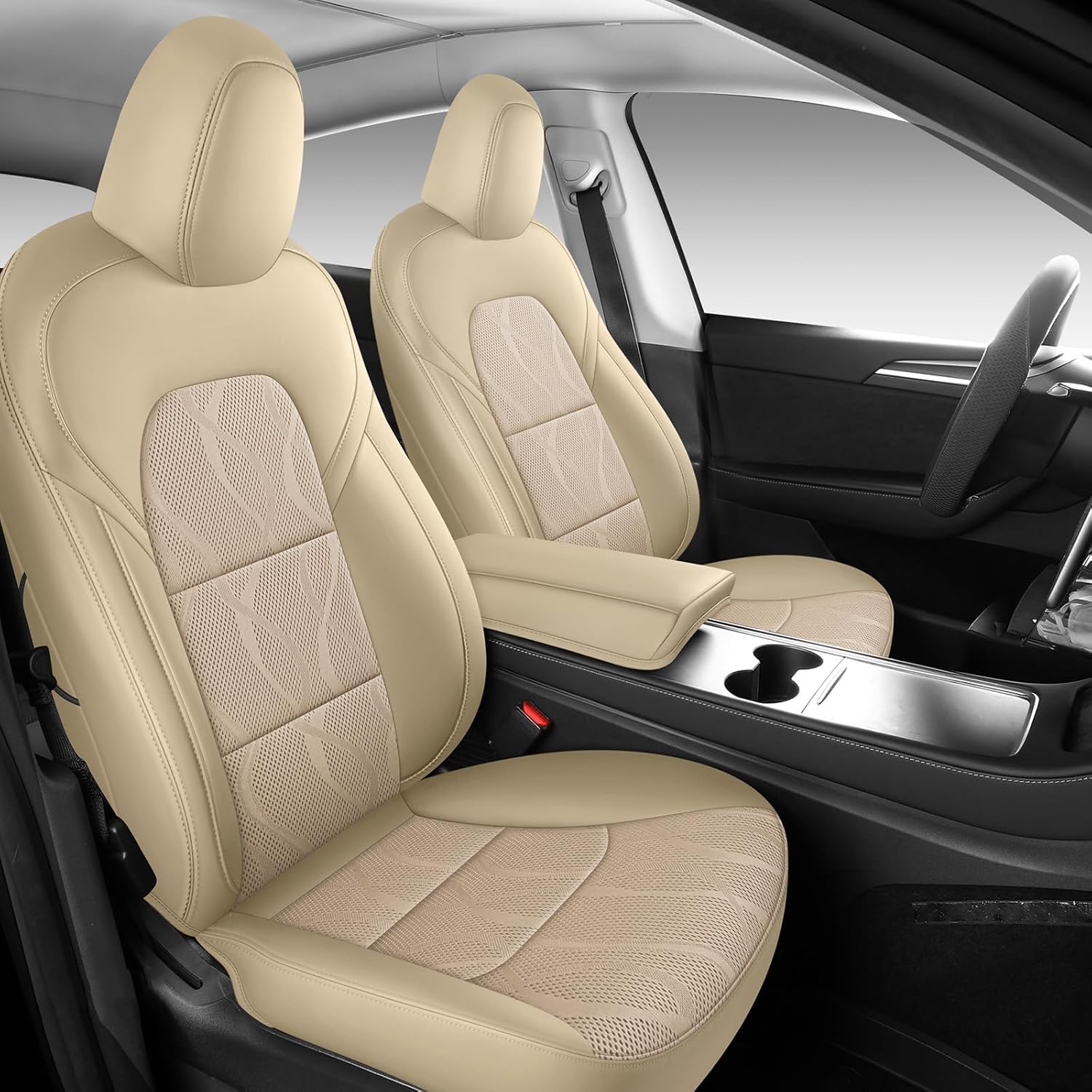 Tesla Model Y Seat Cover Full Set, Faux Leather Tesla Car Seat Cover, Perfect Suitable for Tesla Model Y 2020 2021 2022 2023 2024 2025 (Beige)