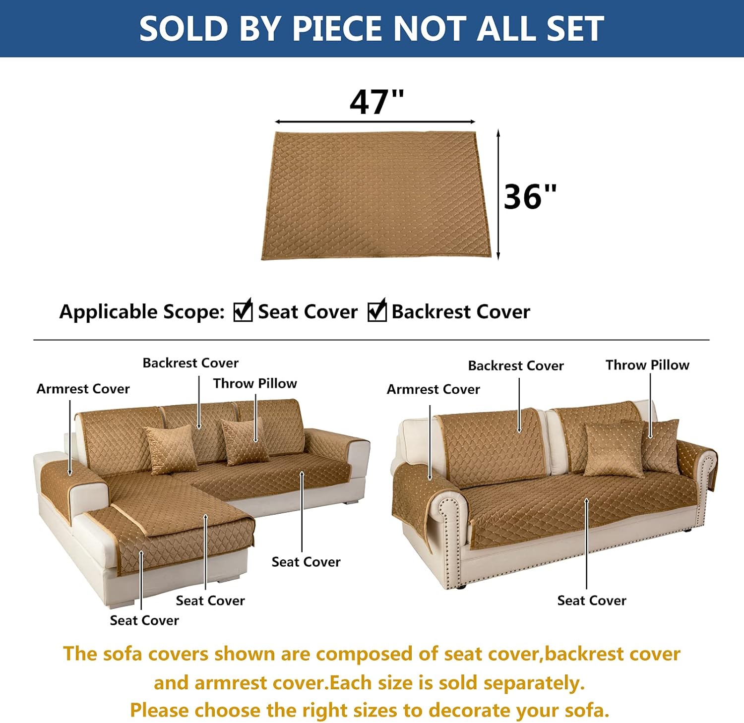 Eismodra Couch Cover,Sectional Couch Covers,Sofa Covers for 3 Cushion Couch,Anti-Slip Sofa Slipcovers for Dogs Cats Kids Loveseat Recliner L Shaped Armrest Backrest,Coffee 36''x47''(Only 1 Piece)