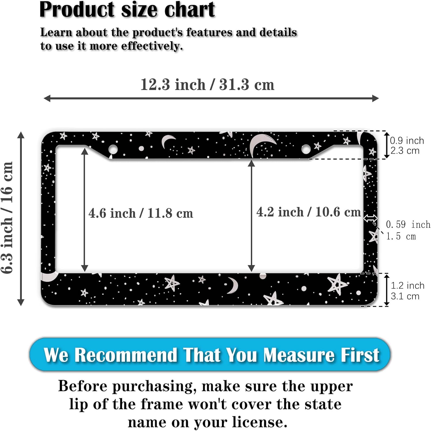 License Plate Frames Black and White License Plate Covers Night Moon Star Black Print Aluminum Metal Car Accessory 2 Pack with Screw Covers Set