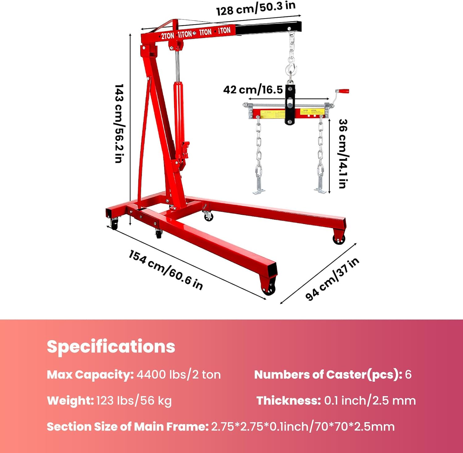 2 Ton Folding Engine Hoist, 4400lbs Hydraulic Cherry Picker Engine Hoist with 6 Casters, Heavy Duty Engine Lift for Garage, Workshop, Automotive Repair (Red)