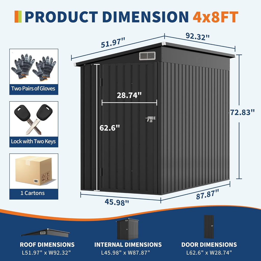 4×8 FT Lean to Storage Shed, Heavy-Duty Outdoor Metal Storage Shed, Garden Tool Metal StorageHouse W/Lockable Door and 2 Air Vents