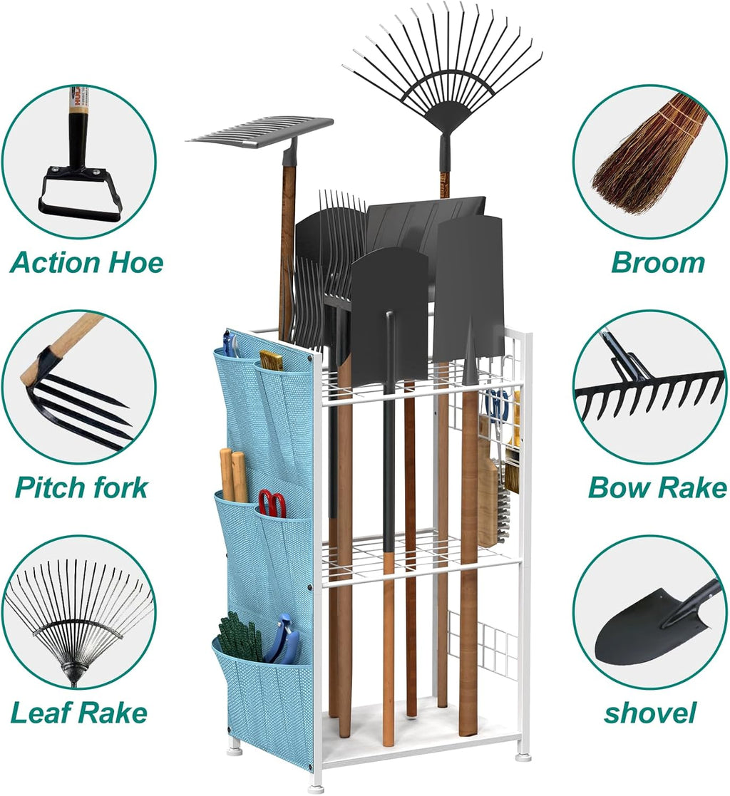 YBING Garden Tool Organizer, Yard Tool Stand with Side Storage Pockets, Yard Tower Rack for Garage Storage, Freestanding Tools Organizers and Storage for Shed, White